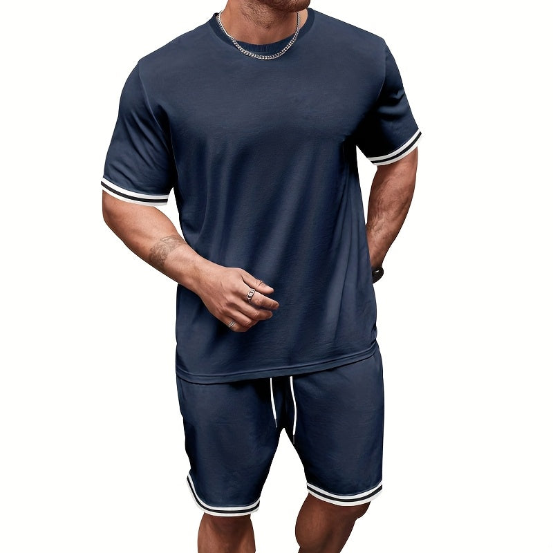 2025 New Casual Men's Set Round Neck Short Sleeve T-Shirt Summer Drawstring Shorts Solid Color Men's Suit