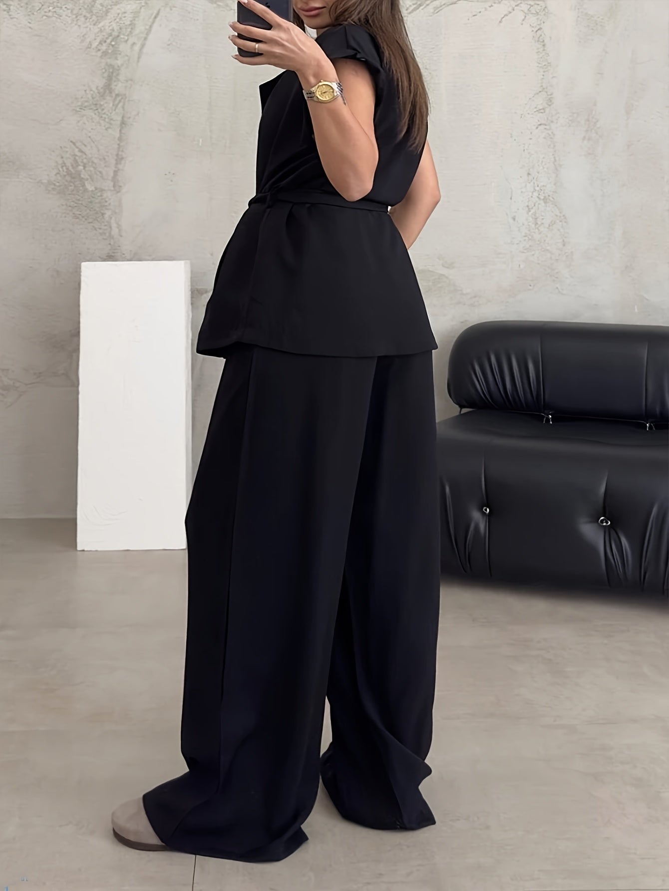 Women's Solid Color Casual Elegant Sleeveless Top and Wide-Leg Pants 2pcs Set