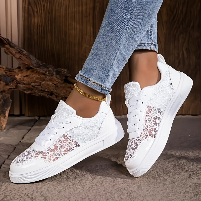 Women'S Elegant Lace Sneakers - Breathable Fabric Upper, White with Floral Pattern, Lightweight & Soft Sole, Durable EVA, Perfect for Daily Work, Sports, Summer Outings & Vacations, Casual Footwear | Elegant Sneaker | Comfort