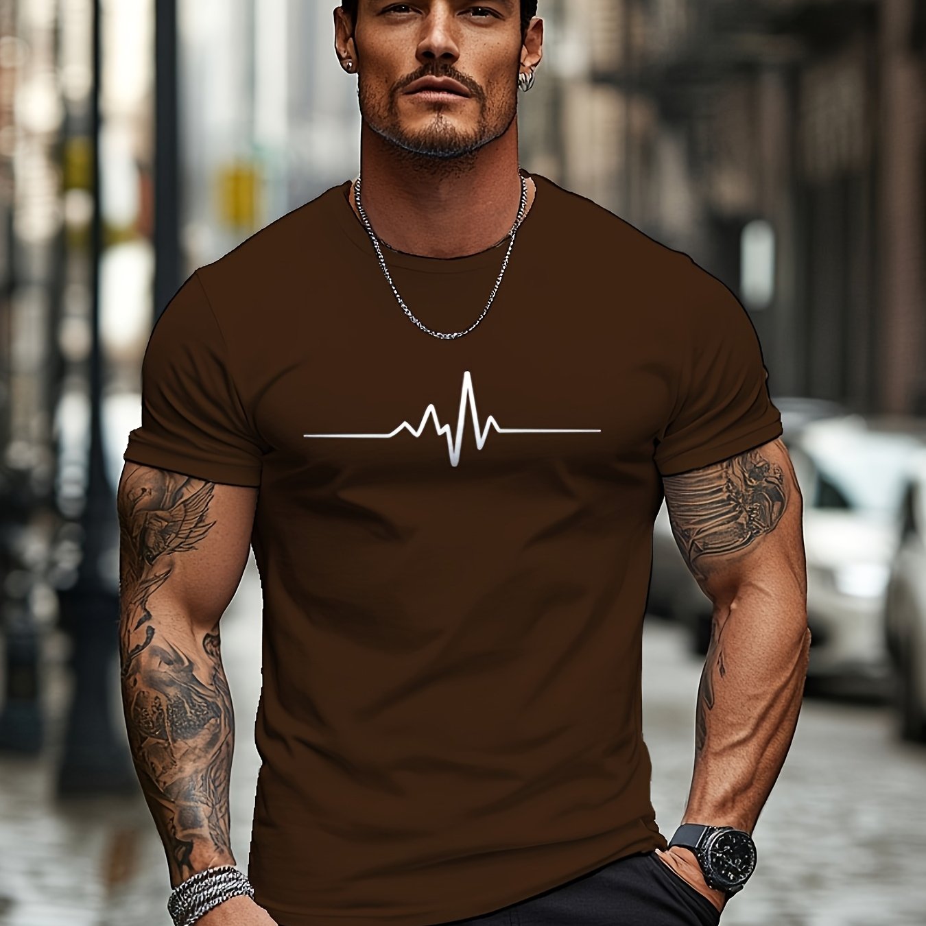 Men'S Brown T-Shirt with ECG Heartbeat Graphic - Casual Streetwear, Short Sleeve, Round Neck, Stretch Fabric, All-Season Comfort, Casual Streetwear Tee | Round Neck Tshirt | Comfortable Fit