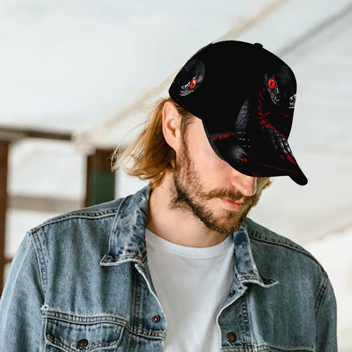 CUTEHSJ Men's Punk Rock Baseball Cap - Lightweight Adjustable Sun Hat with Red Snake Graphic, Black & Red Contrast Design for Beach, Fishing, Outdoor Activities & Vacation, Stylish Headgear