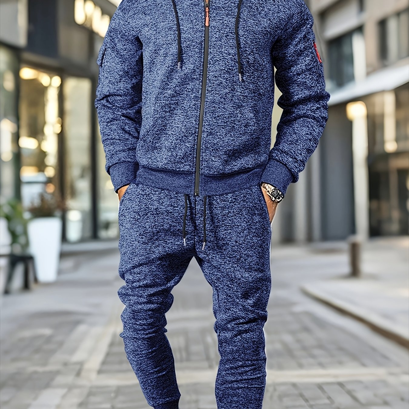 Men's Casual Sports Hoodie and Pants Set with Zipper, Drawstring, Fleece-Lined - Polyester Blend, Machine Washable