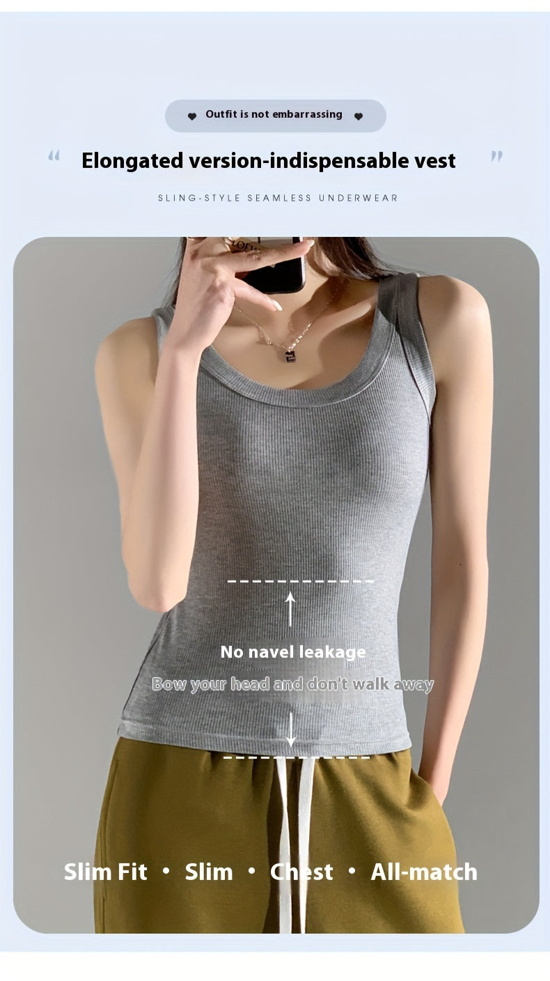 1pc Women'S Casual Ribbed Tank Top, Solid Color Knit Vest with Side Stripe Detail, Low Neck Polyester Camisole for All Seasons, Versatile Layering Piece
