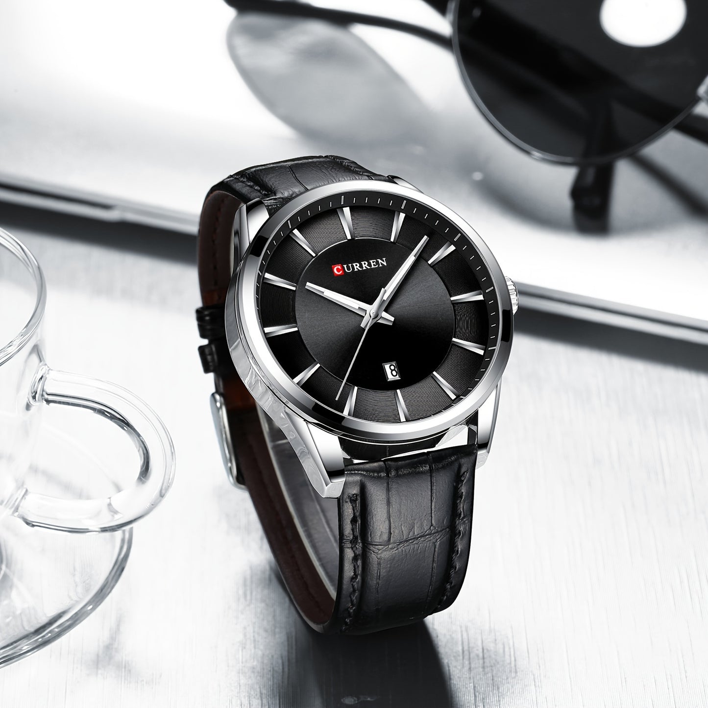 CURREN Minimalist Business Men'S Quartz Watch with Faux Leather Strap And Large Dial with Date, Suitable for Women