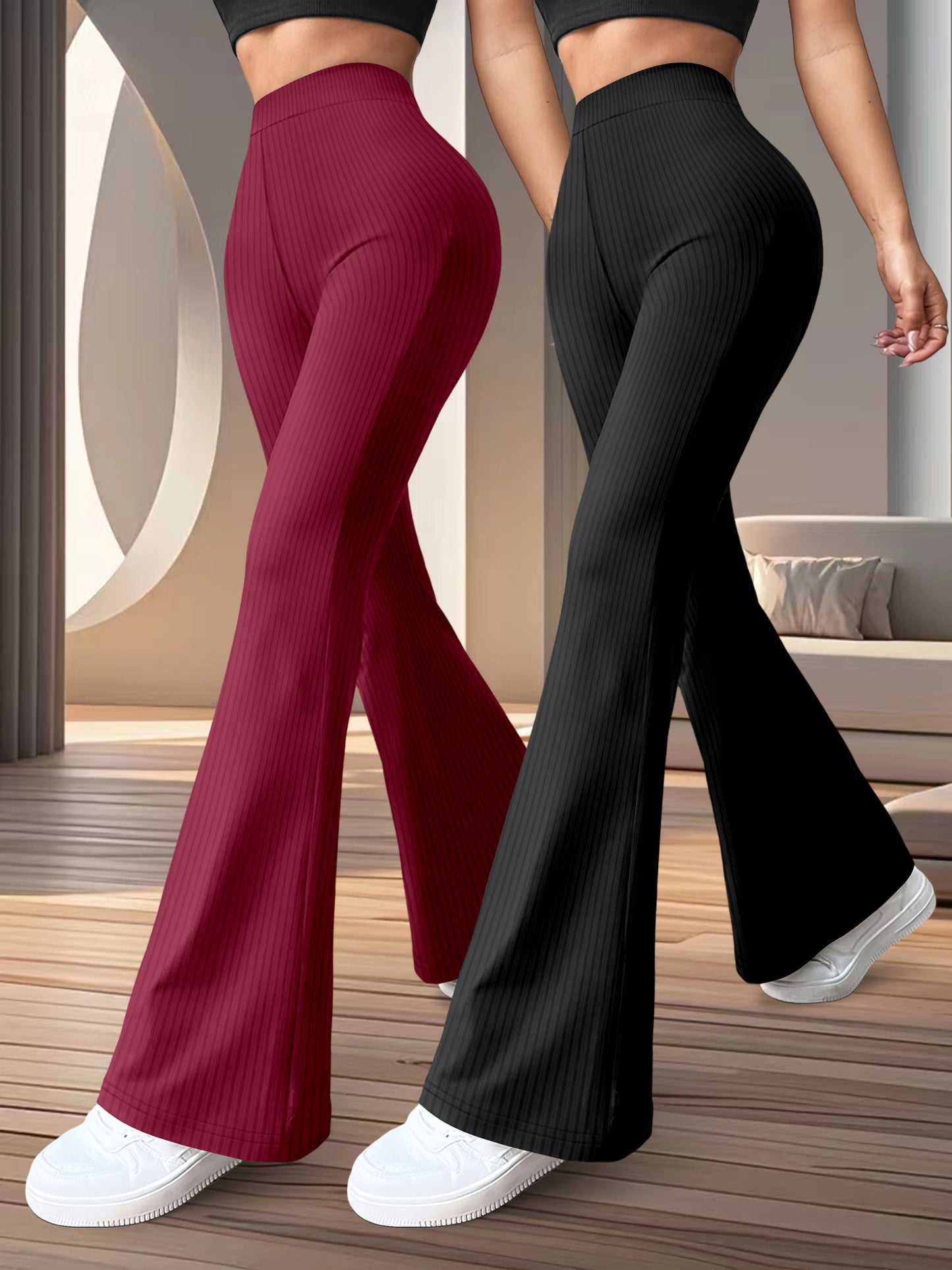2-Pack Women'S High Waist Flare Leg Pants, Casual Stretchy Yoga Sports Trousers, 96% Polyester 4% Spandex, All-Season Knit Fabric, Solid Color Long Length Pants for Women