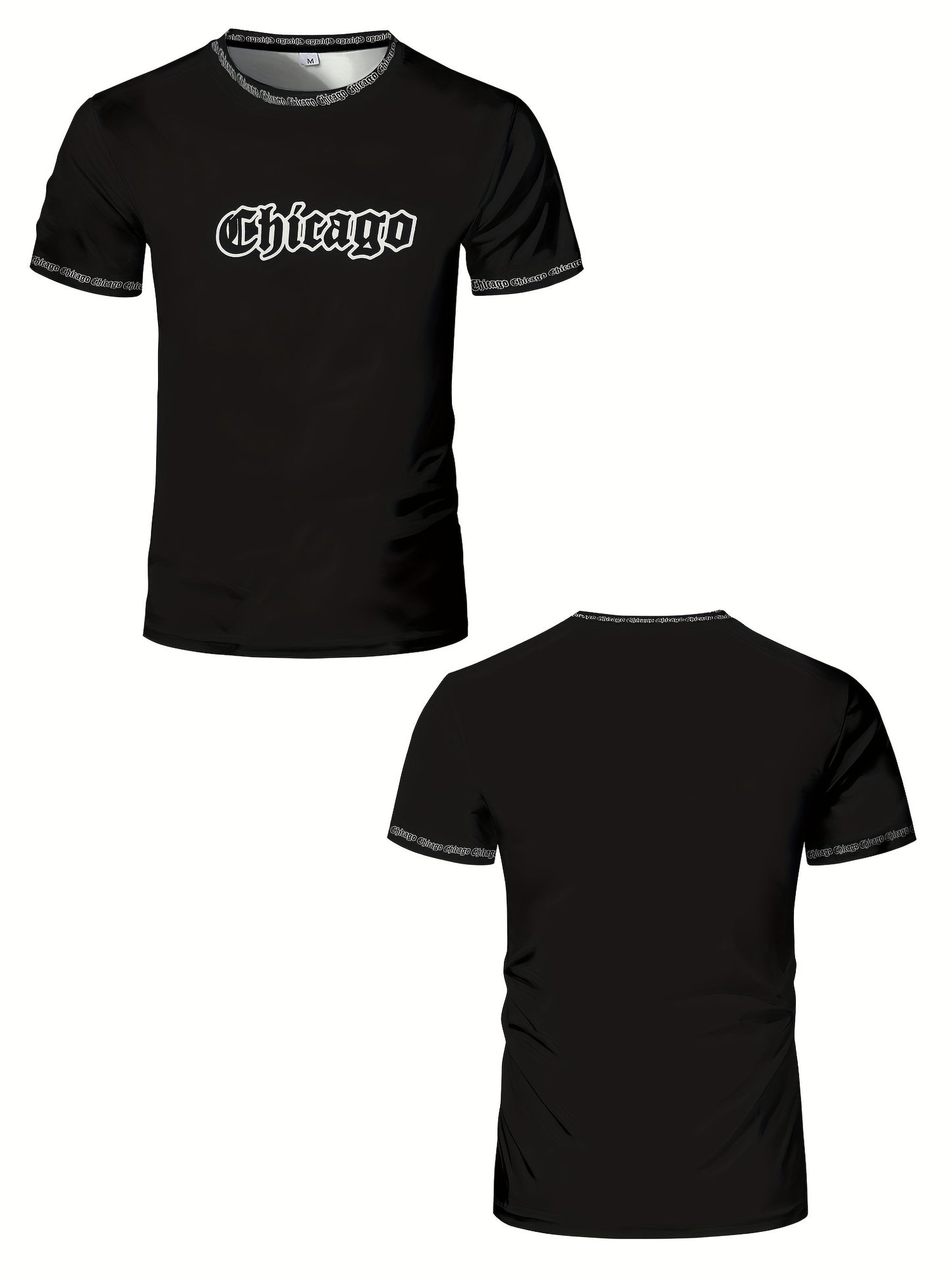 Men'S Chicago Print T-Shirt, Polyester-Spandex Blend, Crew Neck, Short Sleeve, Geometric Pattern, High Stretch, Tear Resistant, Sports & Casual Style, Summer Fit Top for Training, Yoga, Hiking & Festive Occasions