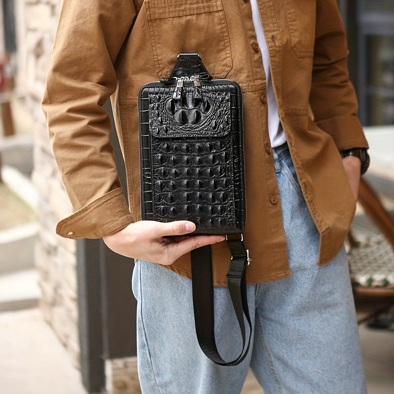 Men'S Stylish Black Crocodile Pattern Crossbody Bag - Durable, Large Capacity, Adjustable Strap, Perfect for Travel & Daily Commute, Commuter Shoulder Bag|Stylish Crossbody|Durable Fabri