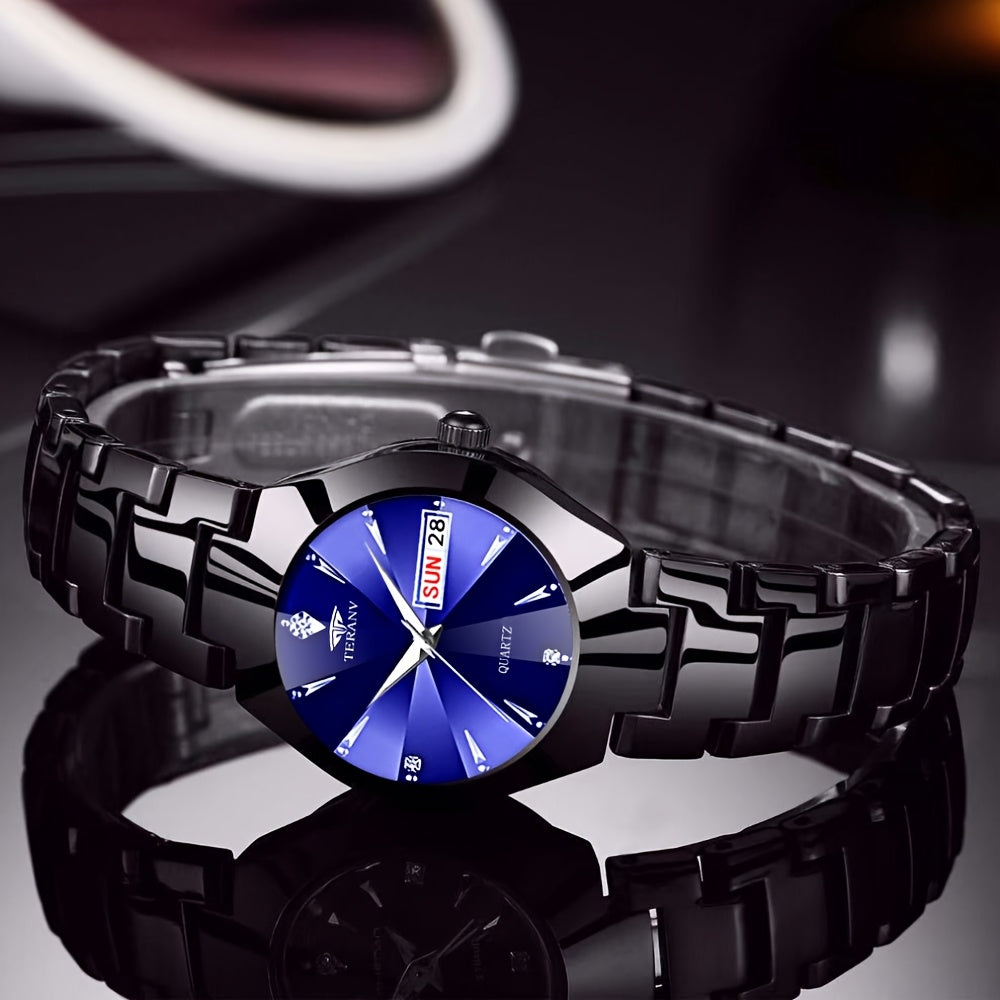2pcs Couple Watches for Men & Women - Stainless Steel Strap, Rhinestone Accents, Luminous HD Display with Week Calendar, Quartz Movement, Elegant Gift for Valentine's Day, Mother's Day, Father's Day, Special Occasion Watch |