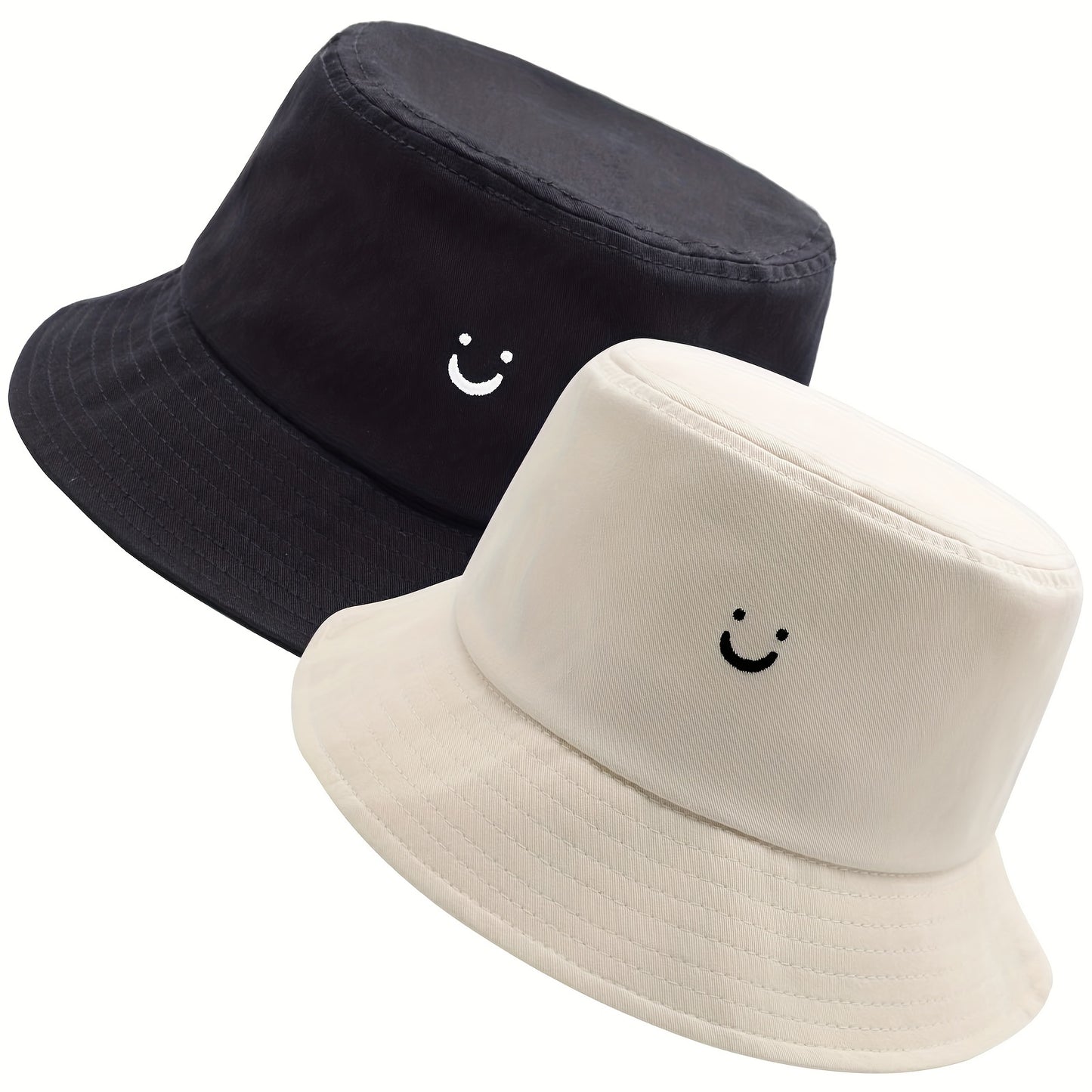 Unisex Black & White Fisherman Hat with joyful Face Embroidery - Double-Sided, Sporty Polyester Bucket Hat for Men and Women, Ideal for Outdoor Activities, Outdoor Hat | joyful Face Embroidery | Durable Headgear