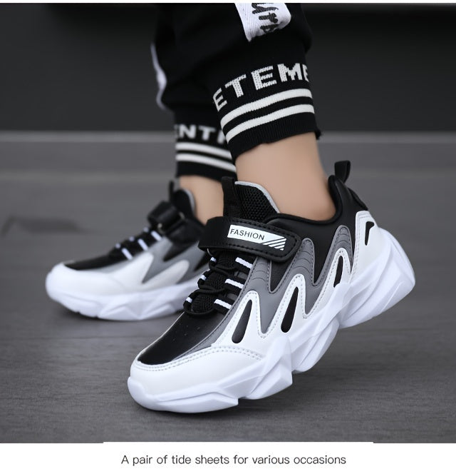 Youngsters' Lightweight Sporty Casual Sneakers with Closure, Geometric Color-Block Design, PU Upper & EVA Sole for Winter/Autumn - Breathable Fabric Lining, Grey & White, Winter Youngsters Footwear | Durable EVA Sole, Girls S