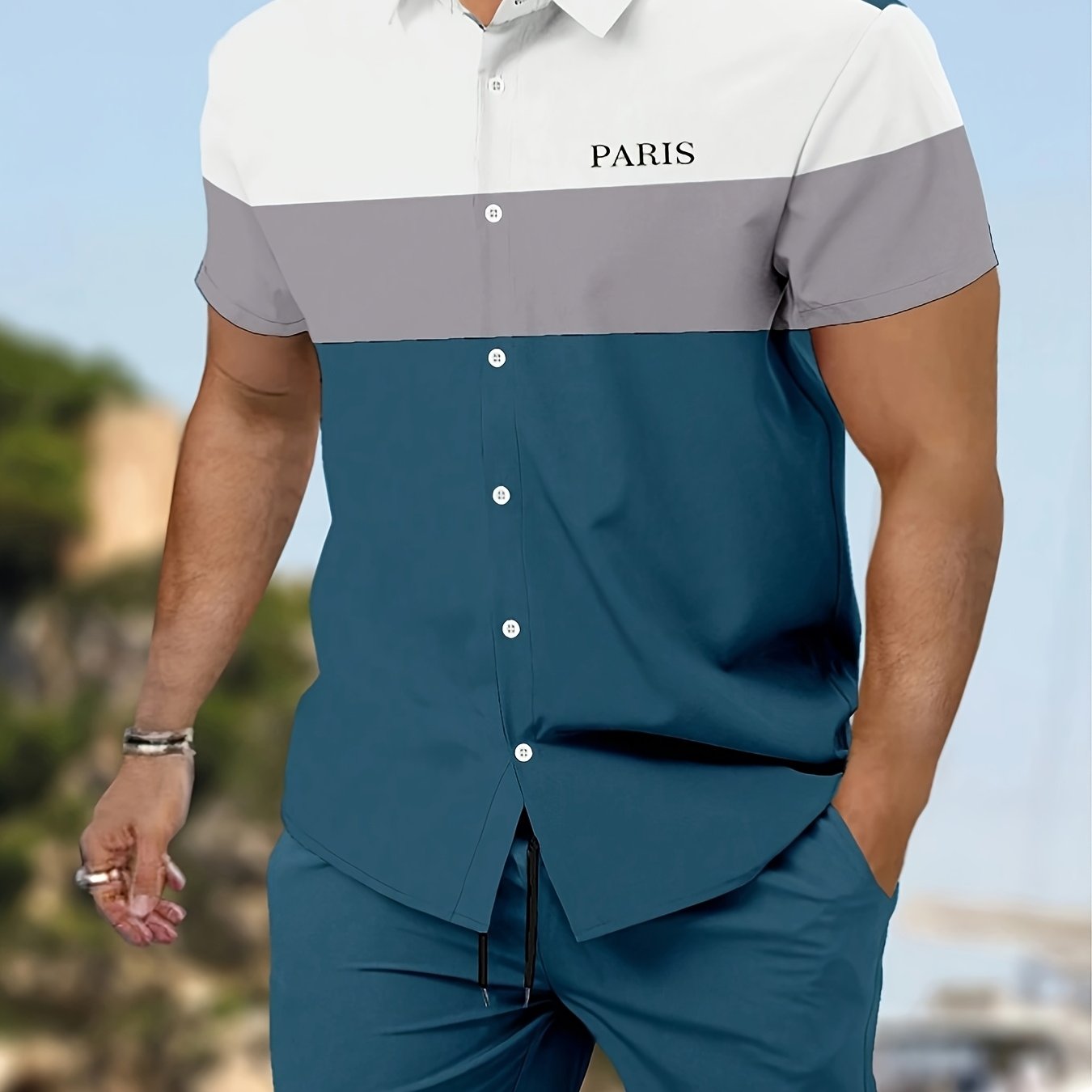 Men'S Letter Color Block Short Sleeve Shirt Shorts Casual Suit 2pcs Set