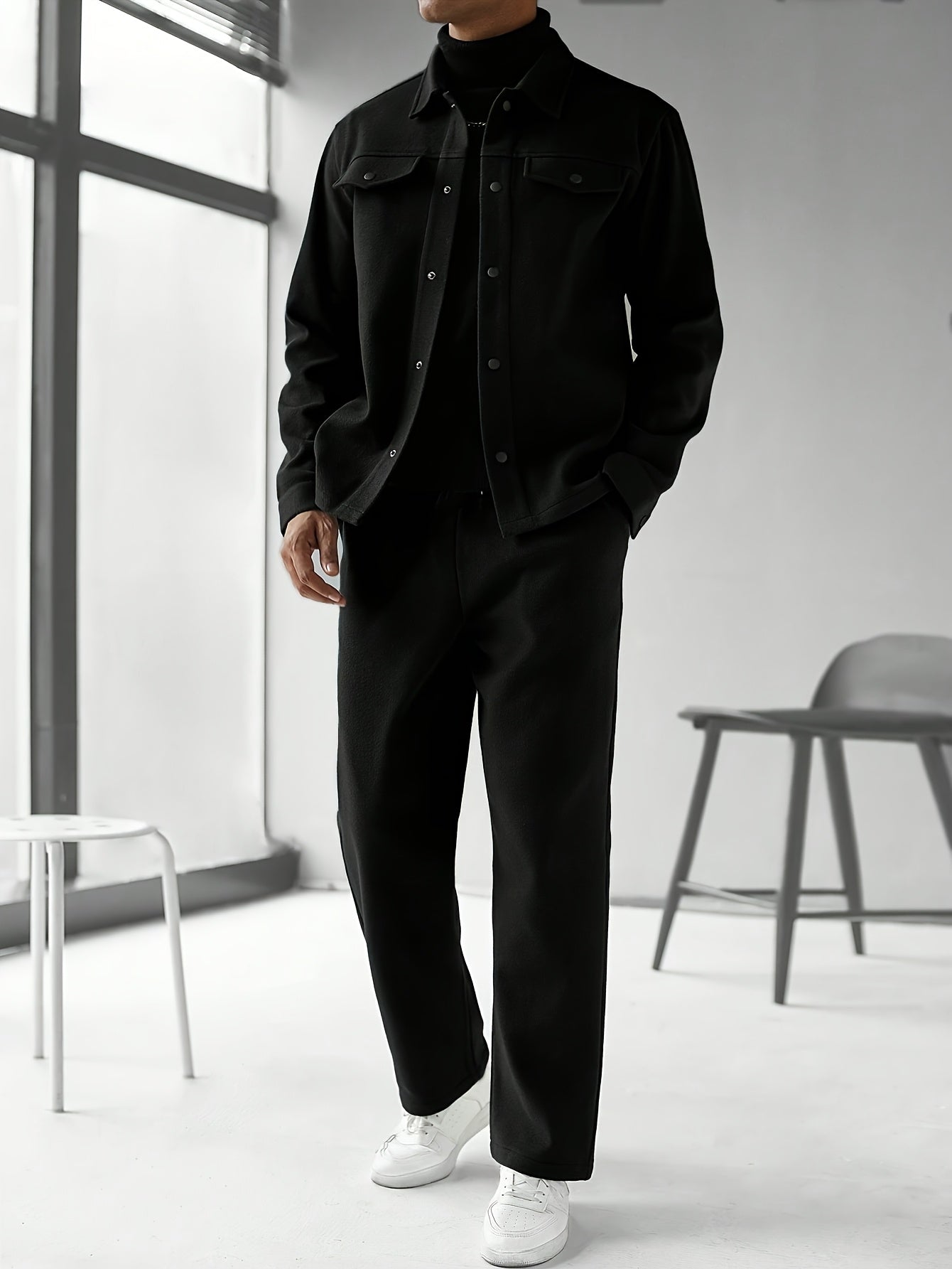 Men'S Two-Piece Casual Outfit - Black Button-Up Shirt & Pants, Long Sleeve, Loose Fit, Non-Stretch Fabric, Perfect for Spring/Fall, Casual Attire|Relaxed Fit|Buttonup Shirt