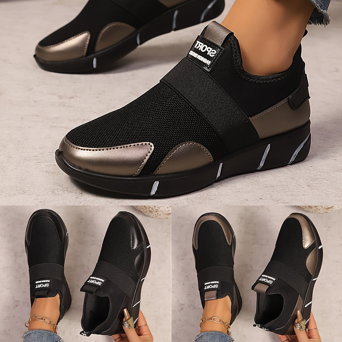 Women's Slip-On Sneakers - Lightweight Knit Upper, Breathable Design, Comfortable Casual Shoes with Strap, Black & Golden Accents, Round Toe for All-Day Wear, Sporty Sneakers | Round Toe Shoes | Flexible Sole, Ladies Sneakers