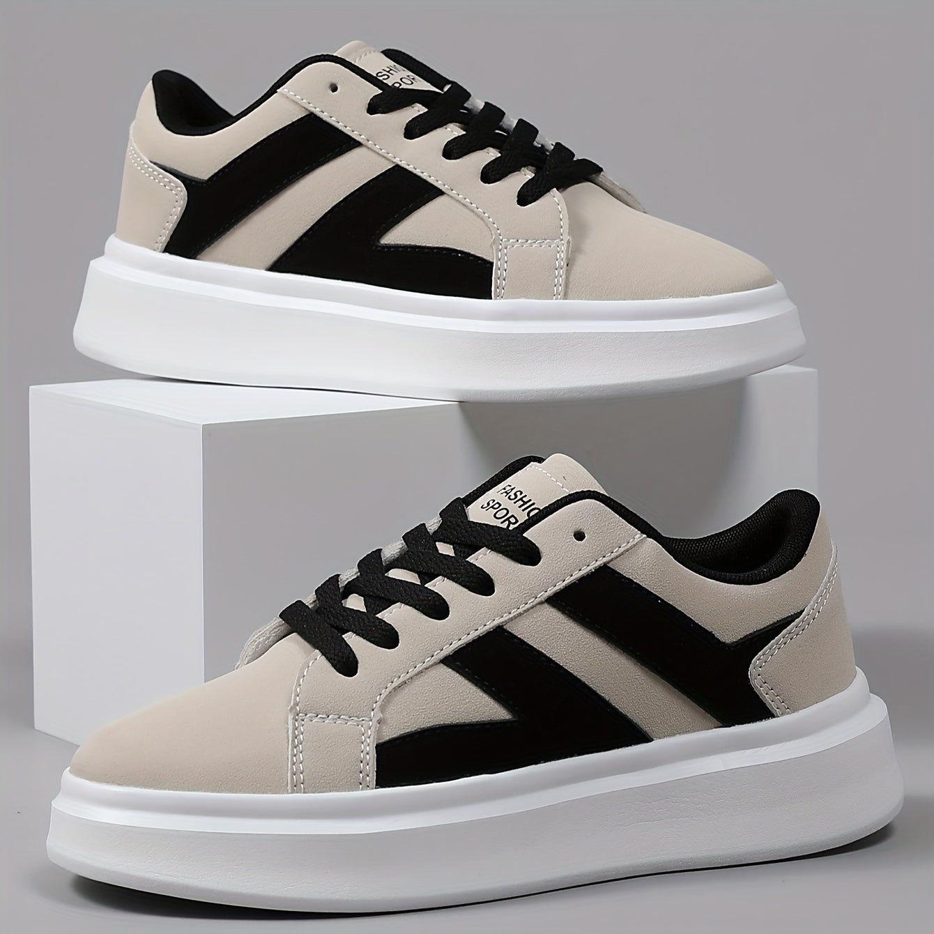 Men's Casual Athletic Sneakers - Comfortable Low-Top Lace-Up Shoes with Geometric Design, Black & Beige, EVA Sole, Microfiber Upper for Casual Attire and Sports