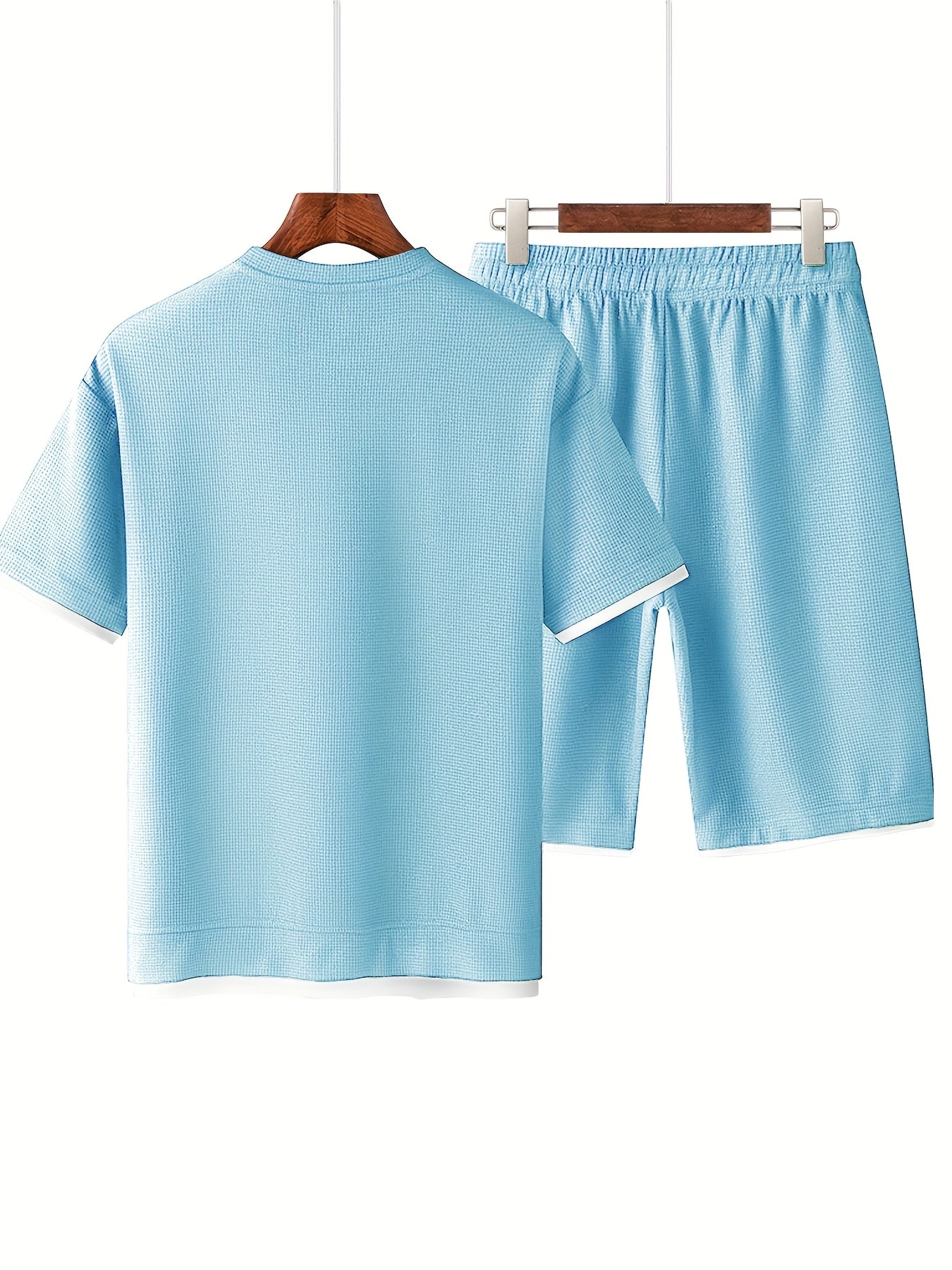 Waffle short-sleeved T-shirt Men's casual sports suit summer loose fake two-piece half-sleeve T-shirt set