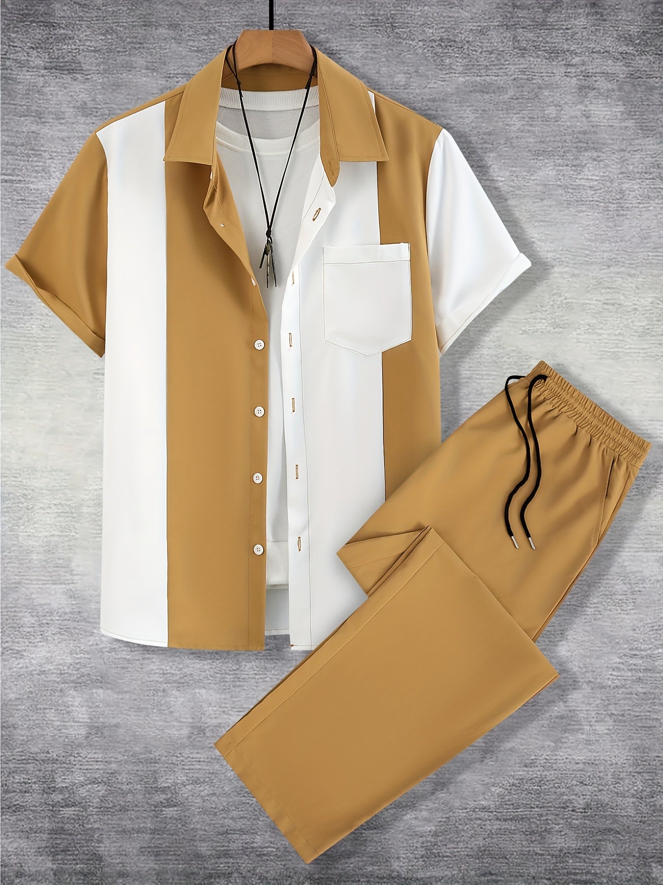 Men'S Casual Two-Piece Spring/Summer Color Block Short Sleeve Shirt and Pants Set - Polyester, Regular Fit, Button-Up with Pocket, No Belt, All-Season Wear, Casual Attire|Casual Style|Polyester Fabric