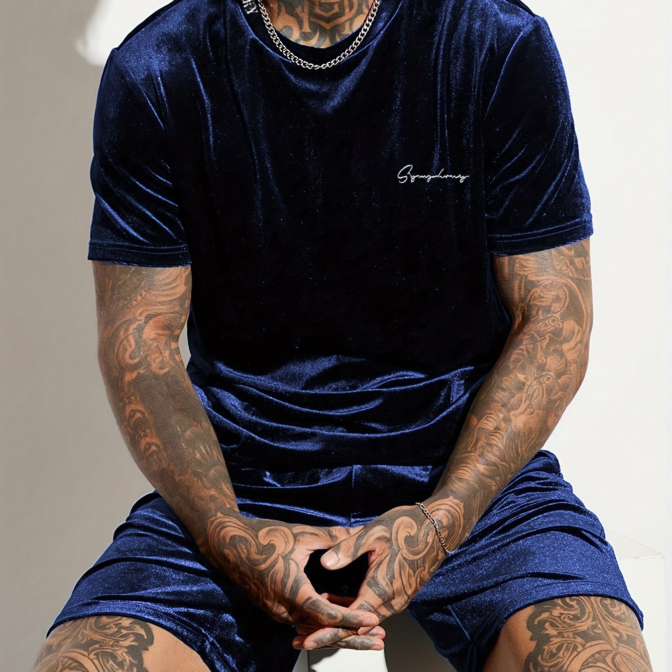 Men'S Fashion Velvet Knit Pullover Set, Contrast Letter Embroidery Top and Solid Color Drawstring Shorts, Simple Casual Outing Commuting Vacation Light Luxury Set, Regular Fit Elastic Knit Two-Piece Set, High-end Sheen Light