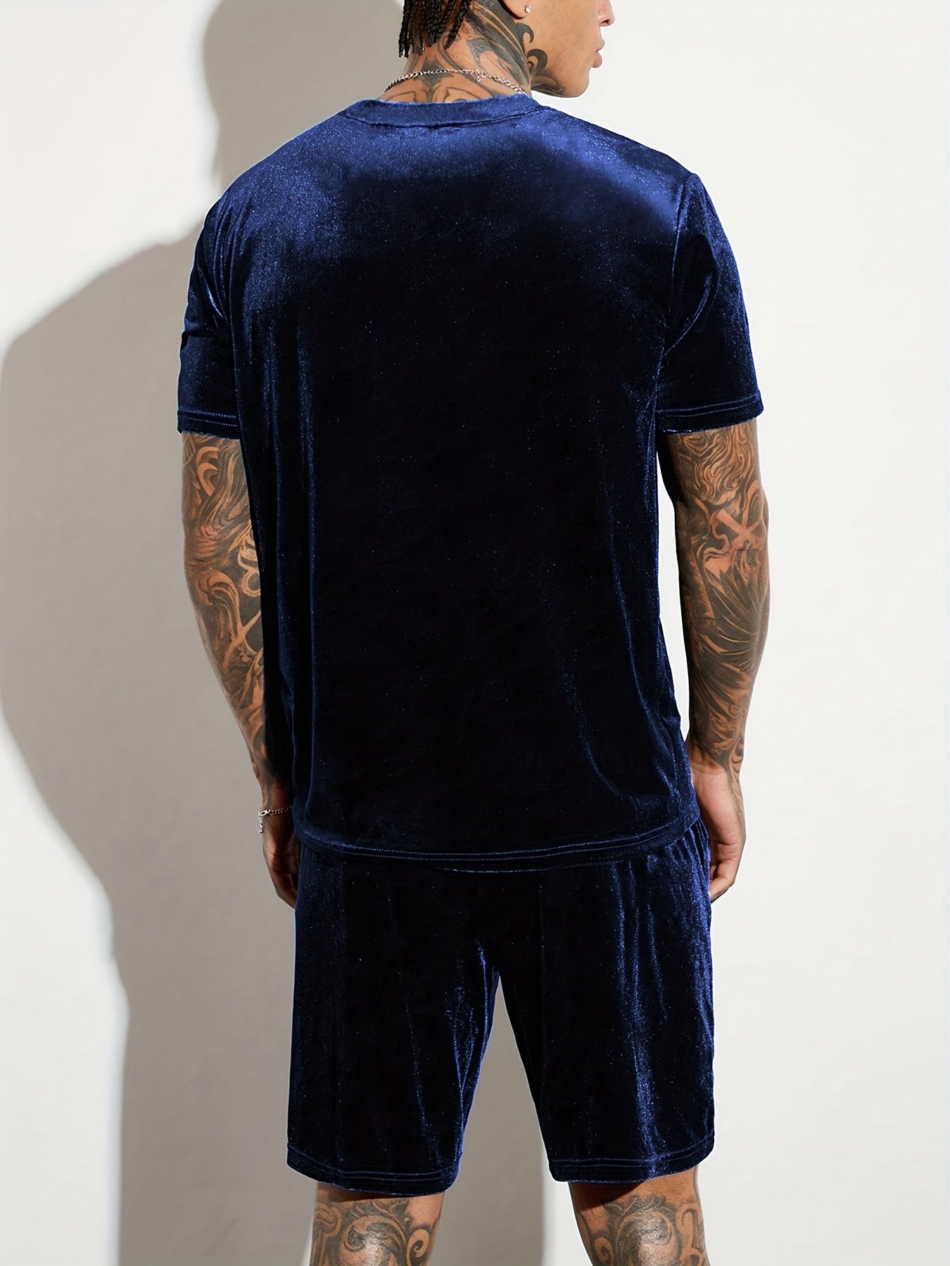 Men'S Fashion Velvet Knit Pullover Set, Contrast Letter Embroidery Top and Solid Color Drawstring Shorts, Simple Casual Outing Commuting Vacation Light Luxury Set, Regular Fit Elastic Knit Two-Piece Set, High-end Sheen Light