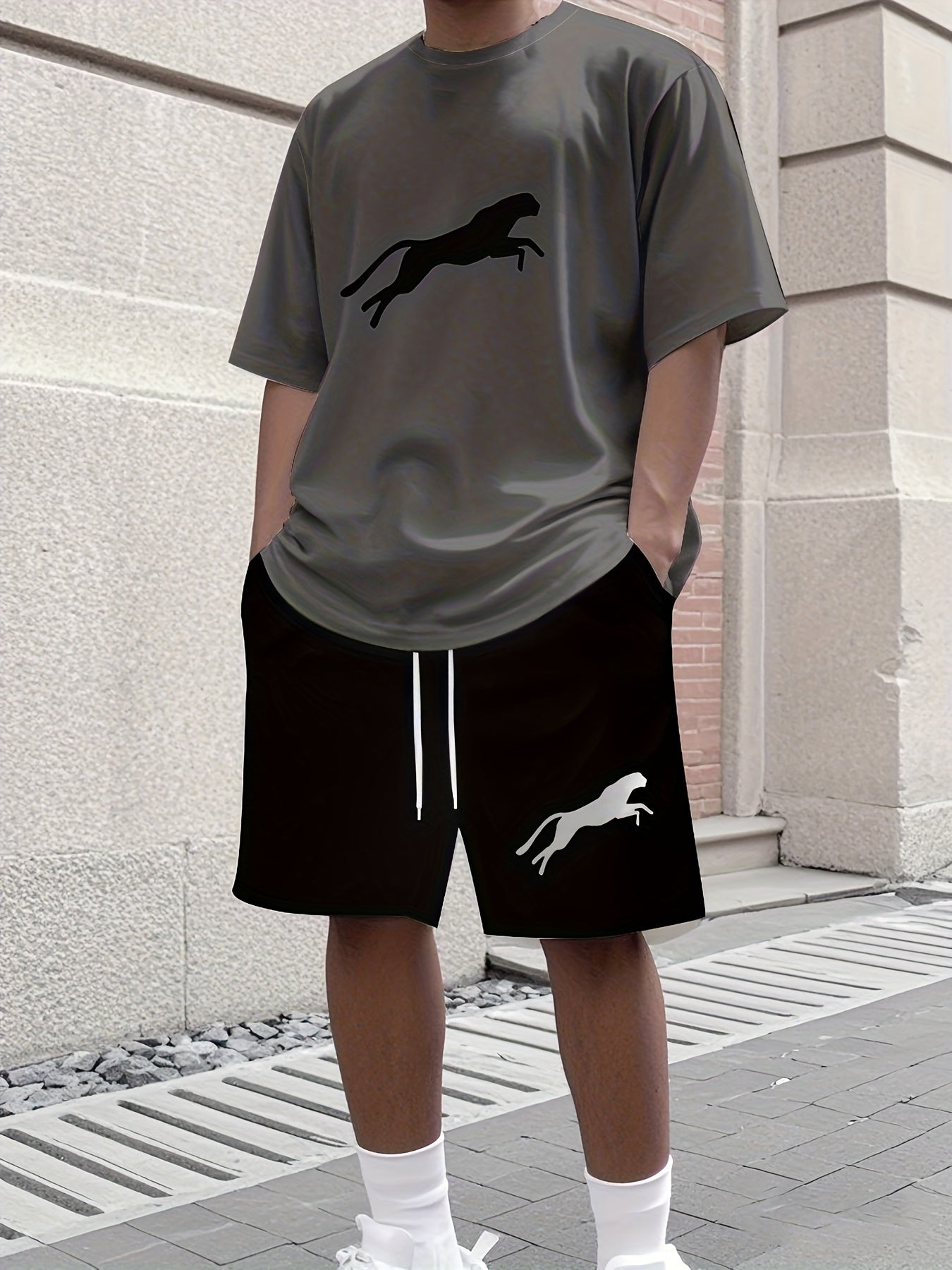Leopard Print 3D Printed Men's Casual Sportswear Set - Breathable Polyester Knit Fabric, Crew Neck Short Sleeve T-Shirt and Shorts Combo, Regular Fit for All Seasons