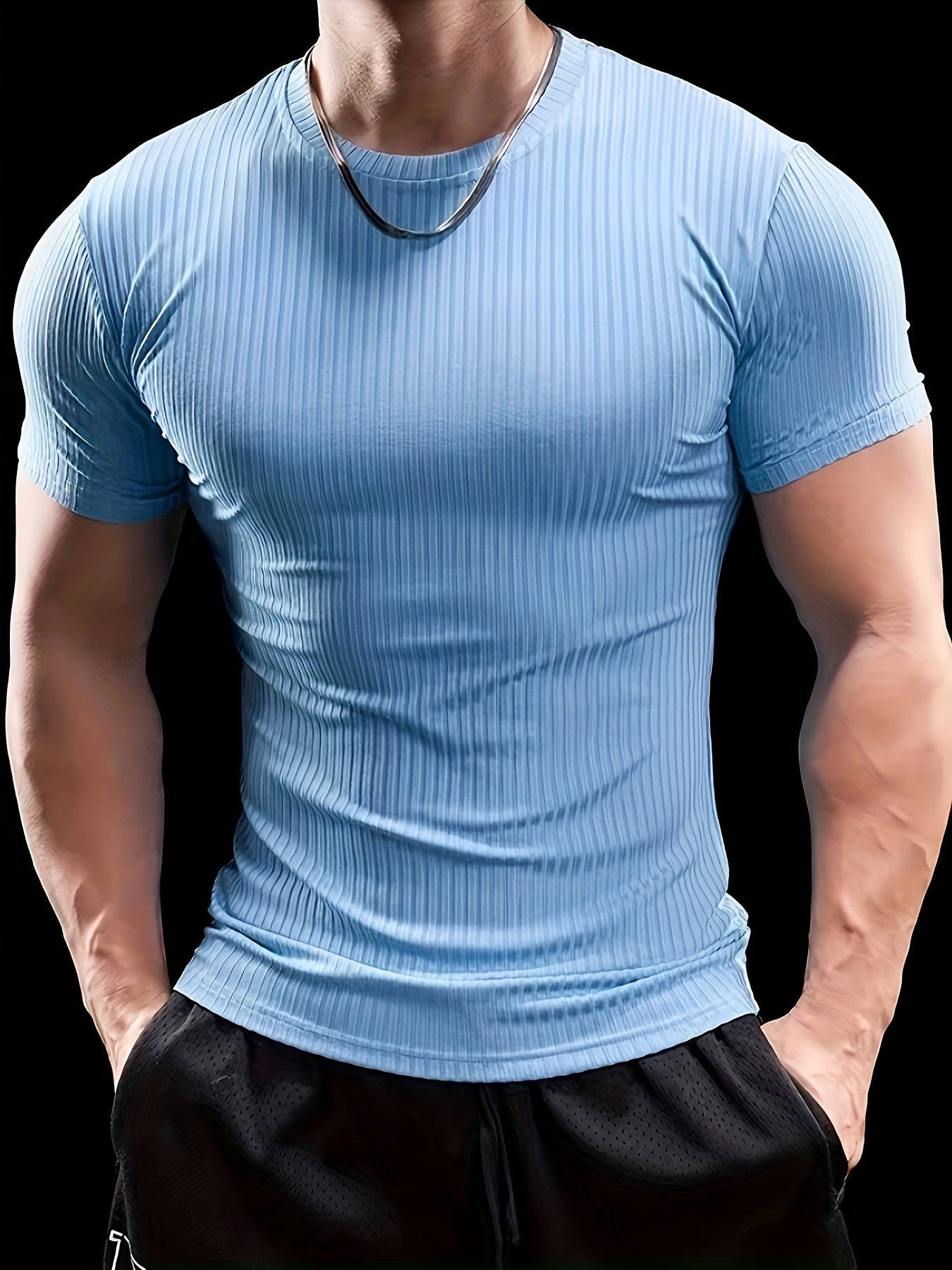 Men's Stretch Fit Short Sleeve T-Shirt - Breathable, Comfortable Polyester Blend, Solid Blue, Crew Neck, Casual & Sporty Style for Spring/Summer
