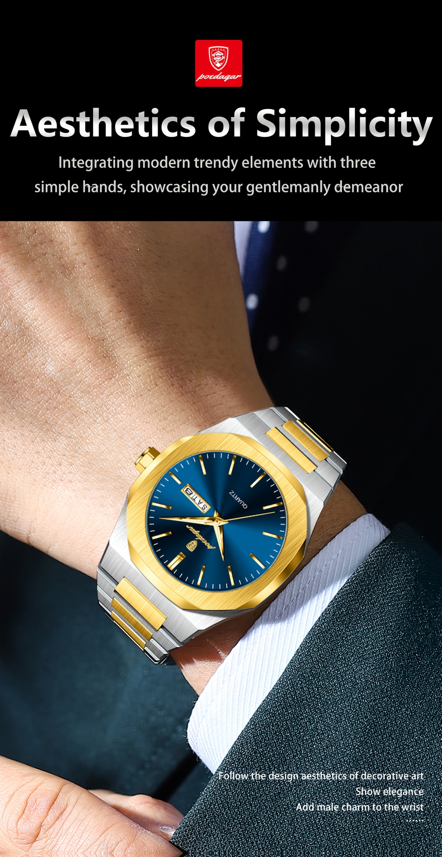 POEDAGAR Men'S Luxury Quartz Watch - Waterproof, Luminous Calendar, Stainless Steel Band, Business Style, Blue & Golden Accents, 3ATM, Non-Rechargeable Button Battery, Perfect for Spring Festival & Valentine'S Day Gifts