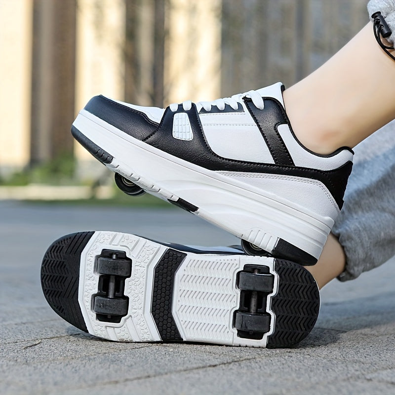 Kids Unisex Skateboard Shoes, 8-Wheel Removable Roller Skates, Plaid Fabric Low Top Sneakers, Lace-Up, TPR Sole, Fabric Insole, for Hiking & Casual Wear, Suitable for Boys & Girls Ages 14 and Under, All-Season