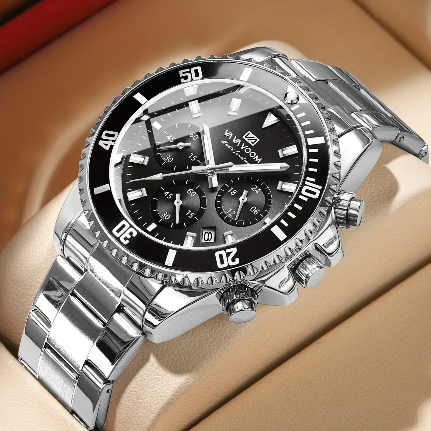 VA VA VOOM Men's Sport Watch with 3D Large Dial, Stainless Steel Band, 24Hr Chronograph, Dual Time, Calendar, Stopwatch & High Quality - Quartz Movement for Gym, Outdoor, Business Casual - Ideal Gift, Outdoor Timing Tool, Sle