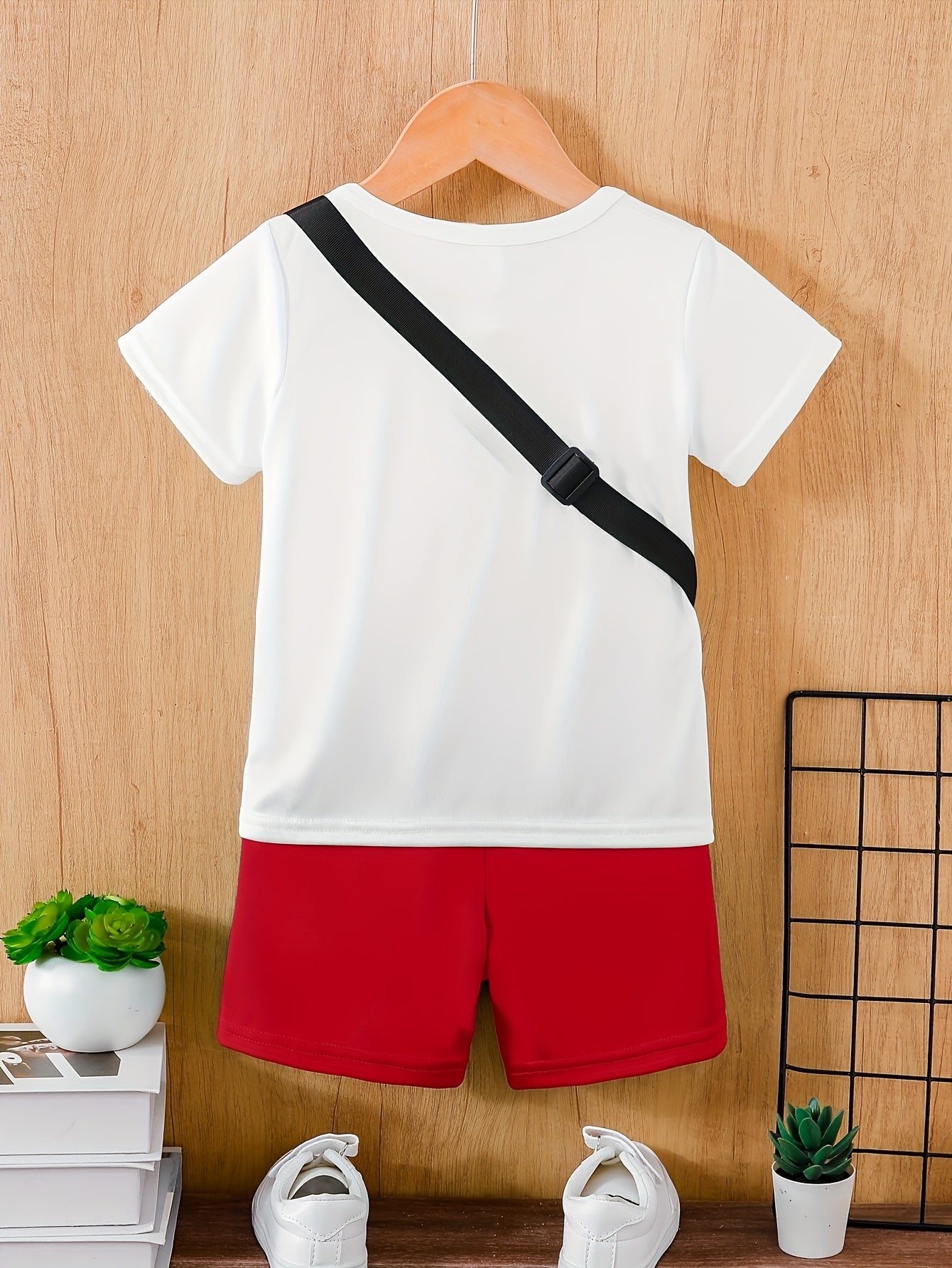 Boys' 3pcs Set White Crew Neck T-Shirt with EASY Lettering & Green Elastic Waist Shorts & Green Crossbody Bag Casual Comfortable Outdoor Outfit, Gift Idea, Perfect for Outdoor