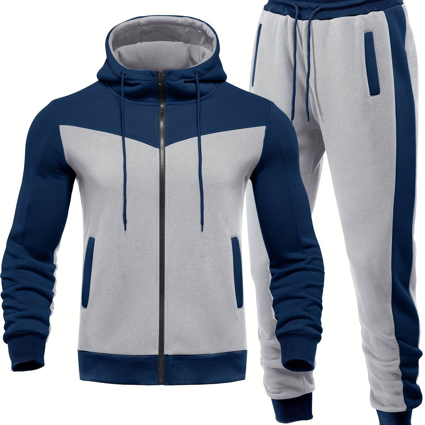 Men'S Casual Hoodie Set for Autumn And Winter, Featuring a Hooded Sweatshirt And a Sporty Cardigan in a Patchwork Design.