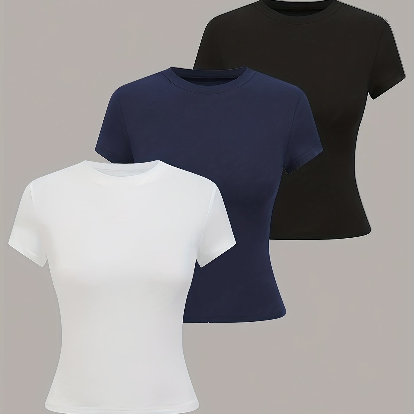 3pcs Women'S Basic Crew Neck Short Sleeve Crop T-Shirts in Black, White, and Gray - Slim Fit, Stretchy Polyester Blend, Cute & Versatile for Spring/Summer, Casual Outings, Vacation Attire | Basic Crop Top | Textur