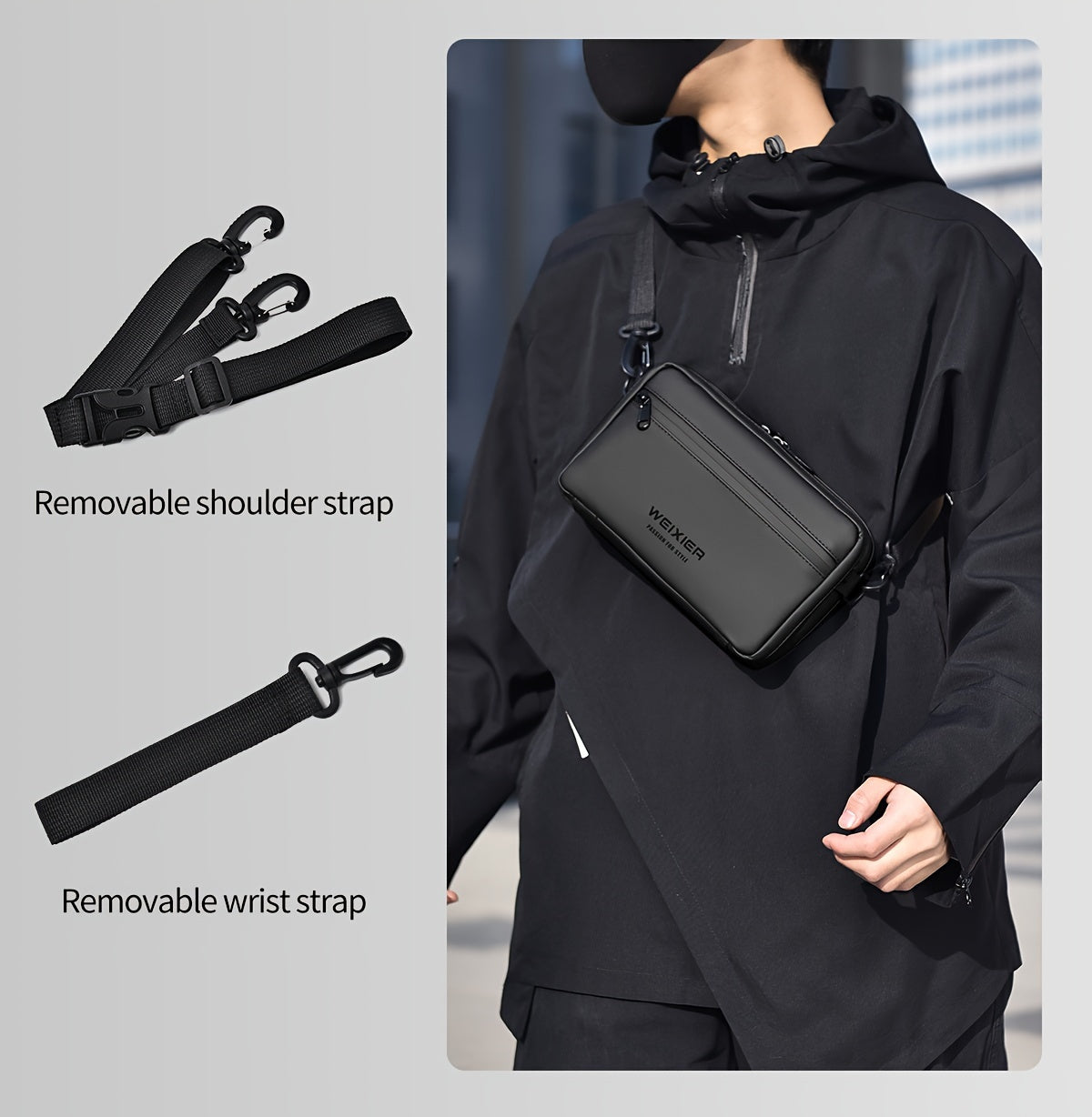WEIXIER Men's Casual Nylon Handbag - Large Capacity with Adjustable Wrist Strap, Sleek Black for Daily Use, Valentine's Day Gift for Him, Outdoor Bag | Casual Style | Nylon Material