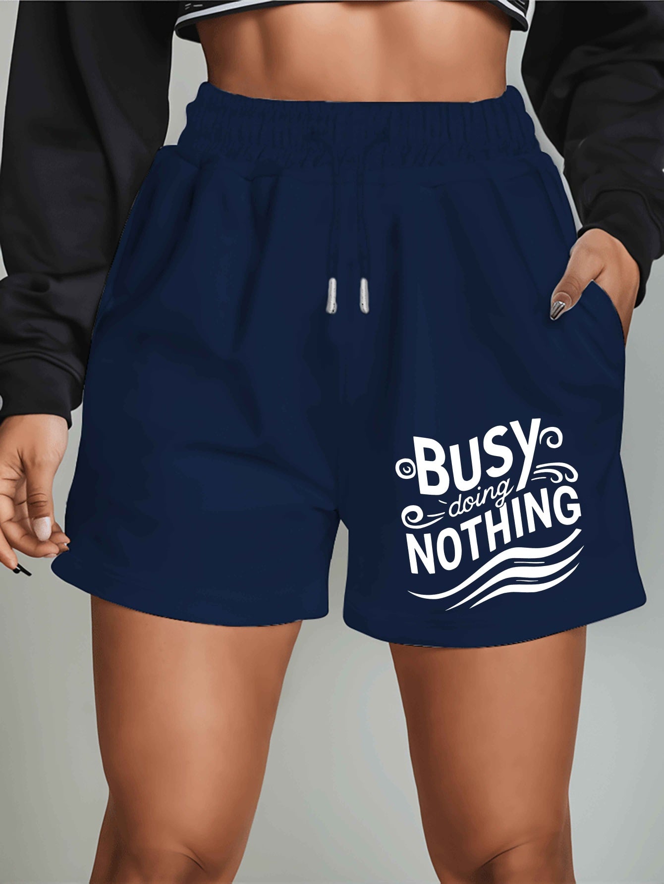 Busy doing nothing 2025 New Plus Size Women'S Shorts Summer Casual Versatile Medium Pants Sports American Trendy Outerwear Extra Large Five-Fifth Pants Summer Beach Pants - Polyester, Casual, Summer, Track Shorts, Slight Stre