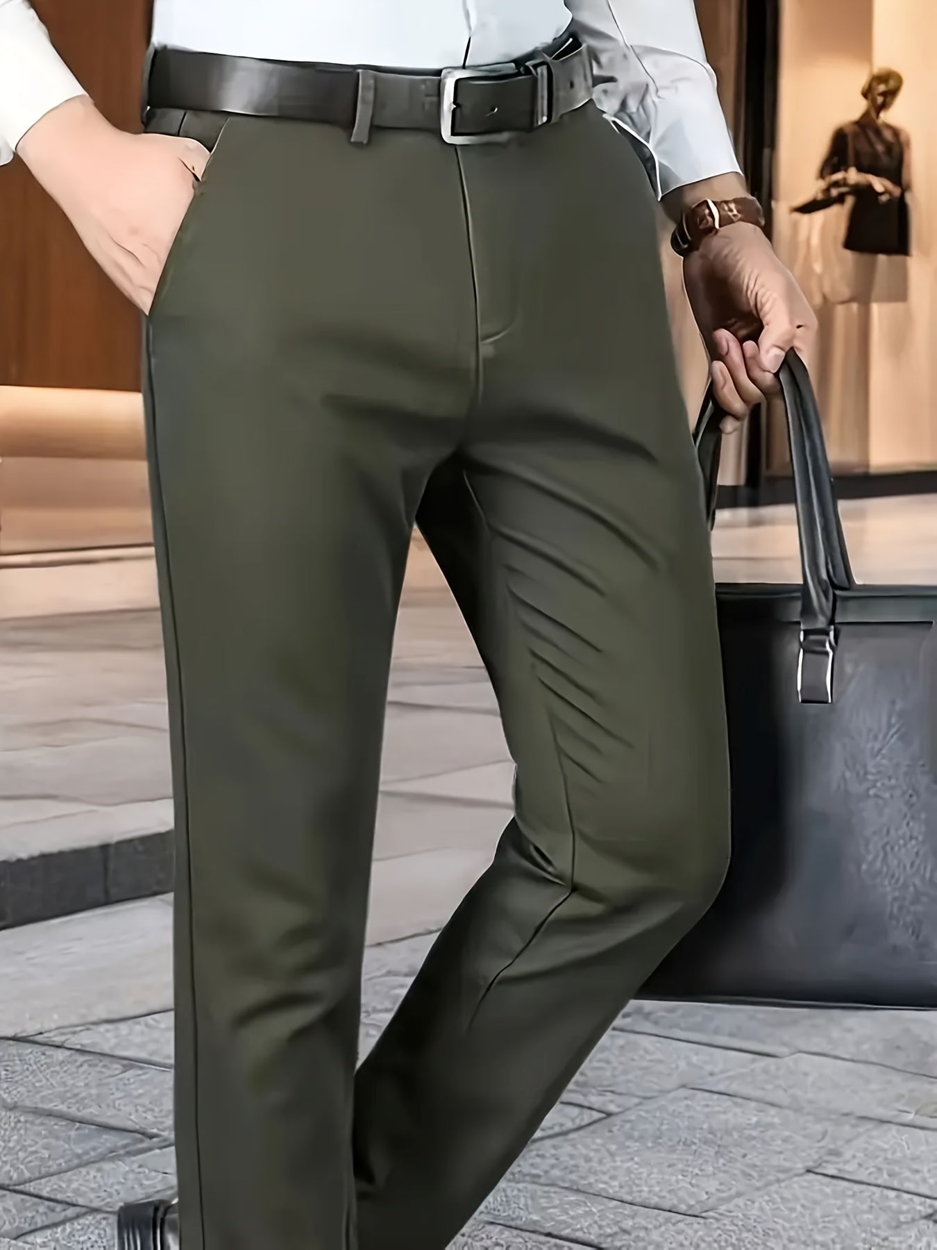 Men's Classic Business Dress Pants, Solid Color Casual Trousers, 100% Polyester, Regular Fit, with Zipper Fly, for Daily Wear and Gifting, All-Season, Allseason Trousers | Notch Lapel Design | Polyester Trousers