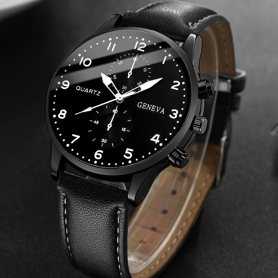 1pc Fashionable Men'S Quartz Watch, Large Dial, Zinc Alloy Case, Round Dial, Faux Leather Strap, Battery Powered, Electronic Drive, Non-rechargeable Button Battery, Business Style Wristwatch (Watch Box Not Included)