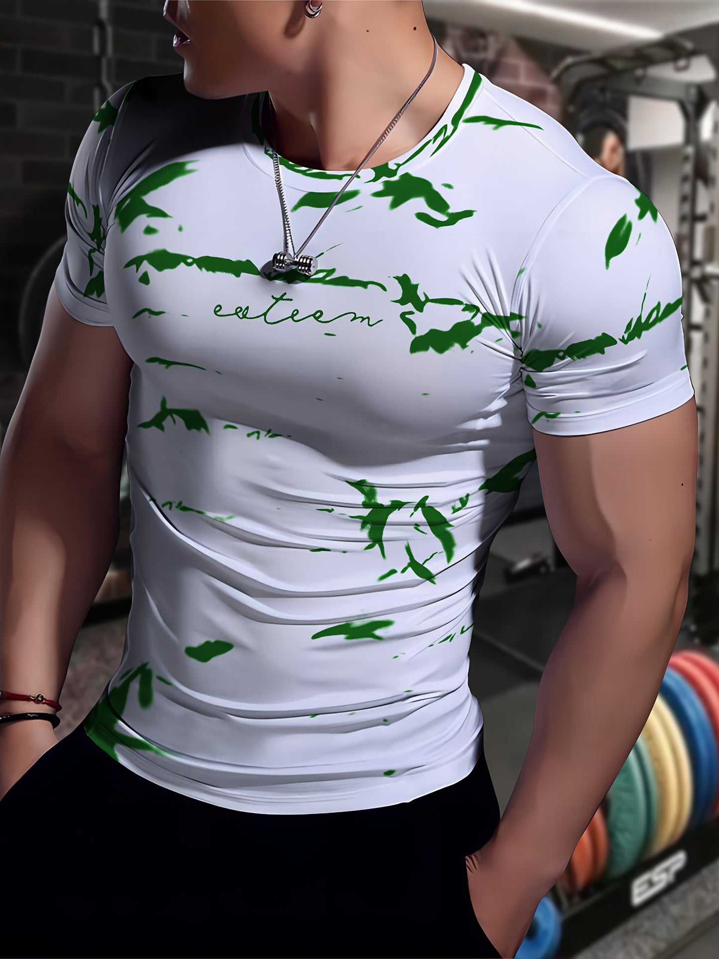 Men's High-Elasticity Anti-Tear Graffiti T-Shirt - Black & White Geometric Print, Tight-Fit Athletic Top for Gym, Running, Yoga & Casual Summer Wear, Gym Clothes, Highelastic Polyester, Short Sleeve Design