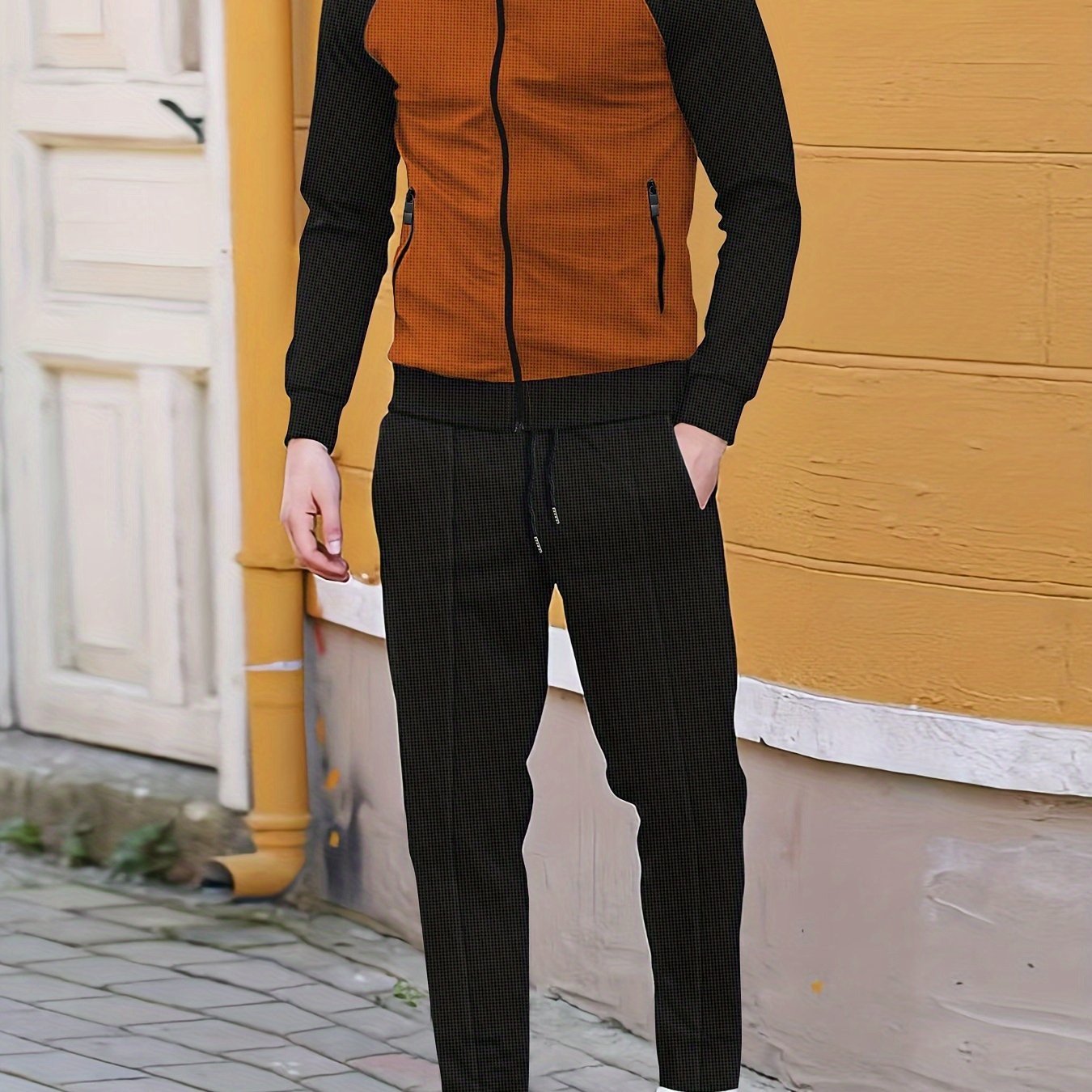 Men's Sporty Color Block Zip-Up Jacket & Joggers Set - Polyester Blend, Perfect for Spring/Fall