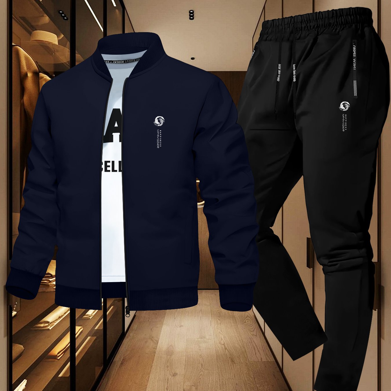 Japanese-Style Happiness Print, Casual Men'S Suit for Spring And Autumn, Featuring a Simple Two-Piece Set with a Round Neck Jacket And Long Pants, Perfect for Daily Sports And Travel, Trendy.