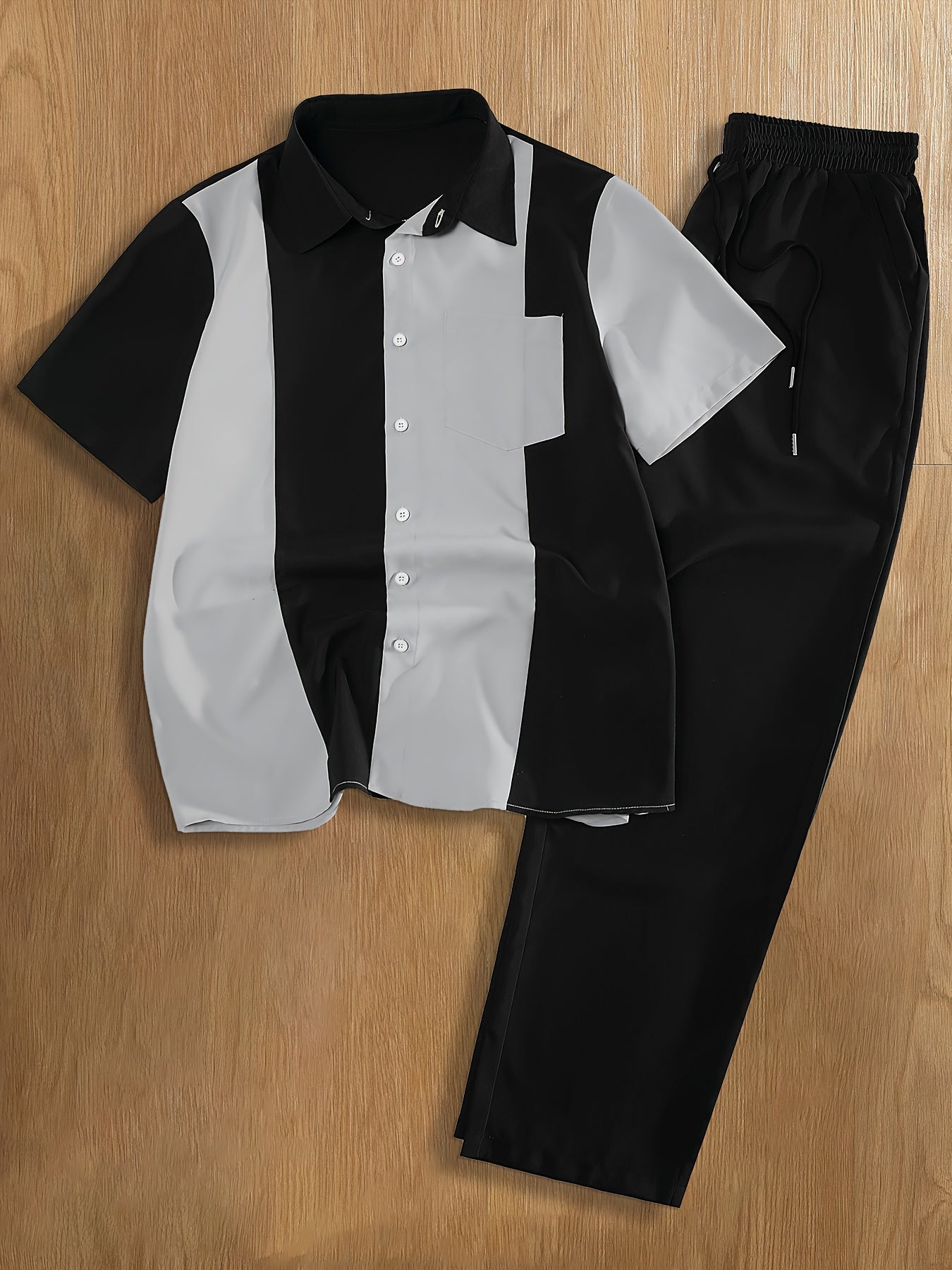 Men'S Casual Two-Piece Spring/Summer Color Block Short Sleeve Shirt and Pants Set - Polyester, Regular Fit, Button-Up with Pocket, No Belt, All-Season Wear, Casual Attire|Casual Style|Polyester Fabric