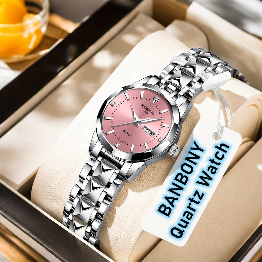 1pc BANBONY Women's Stainless Steel Quartz Watch with Rhinestone Accents, Scratch-Resistant Luminous Dial, IPX7 Waterproof, Week Calendar Display, Blue Dial & Golden-Tone Case - Luxury Casual Sports Watch for Birthdays, Holid