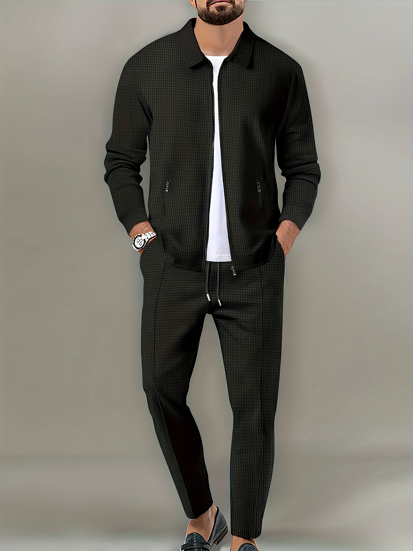 Men's Solid Waffle 2pcs Athletic Outfits, Zip-up Jacket & Pants co ord set for Outdoor Sports