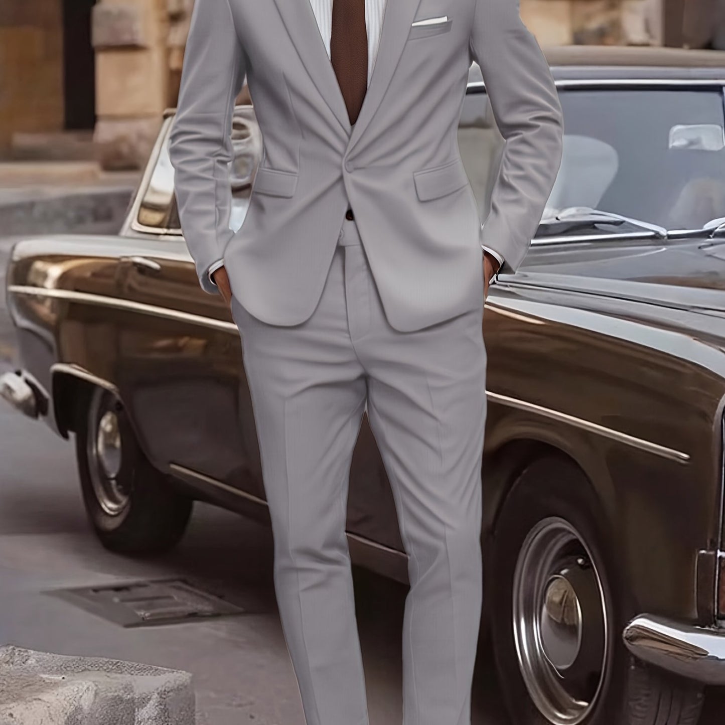 2pcs Men's Elegant Business Casual Suit Set - Includes Classic Lapel Blazer & Dress Pants, Polyester/Rayon Blend, with Pockets - Perfect for Weddings & Formal Occasions