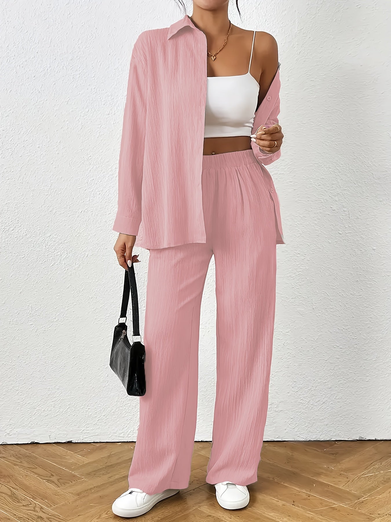 Women'S Casual Solid Color Long Sleeve Shirt + Long Pants 2pcs Set for Spring And Autumn.