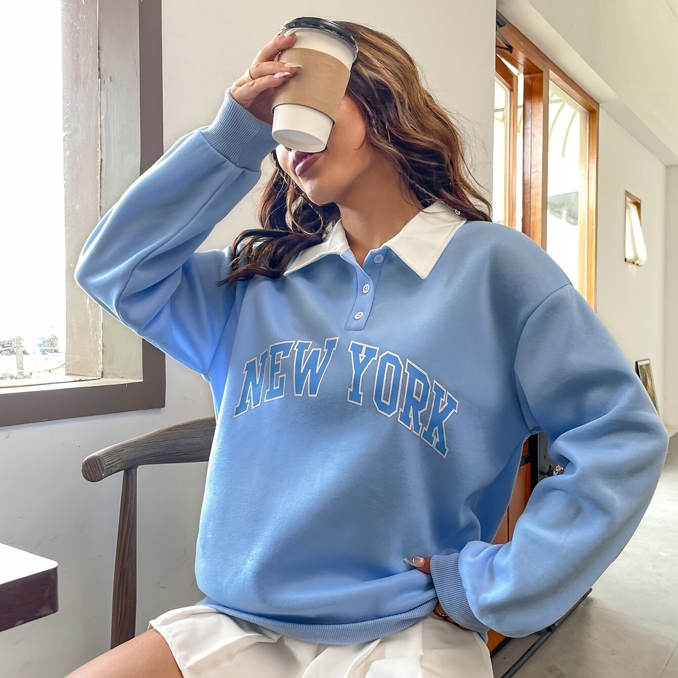 Women's Pullover, Polo Neck Design, Monogram Pattern, Suitable For Sports And Everyday