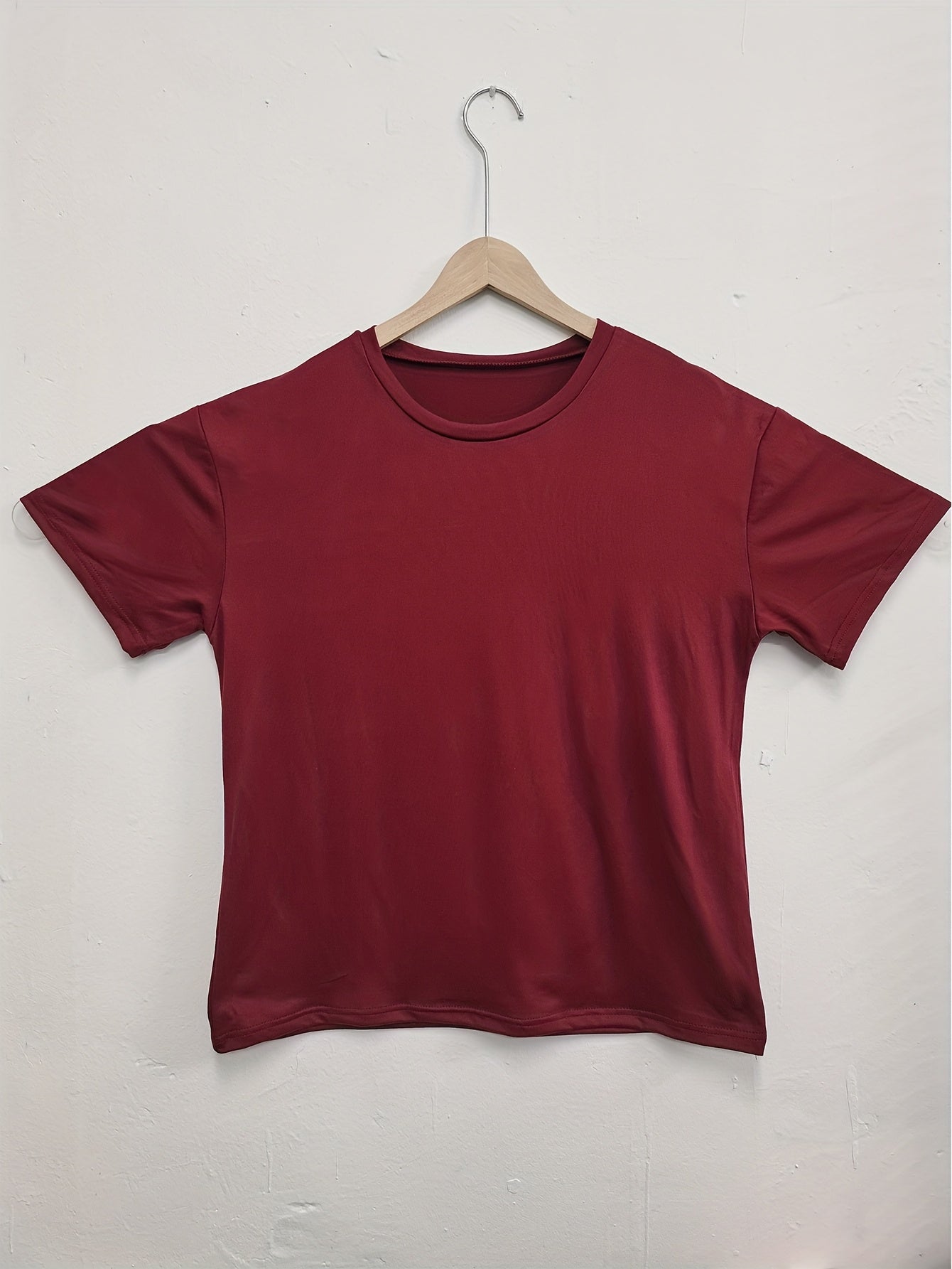 Y2K Retro American Casual Crew Neck T-Shirt, 100% Polyester Knit Fabric, Solid Color, Drop Shoulder Long Sleeve, Medium Stretch Pullover for Spring/Summer/Fall - Fashionable Loose Fit Tee