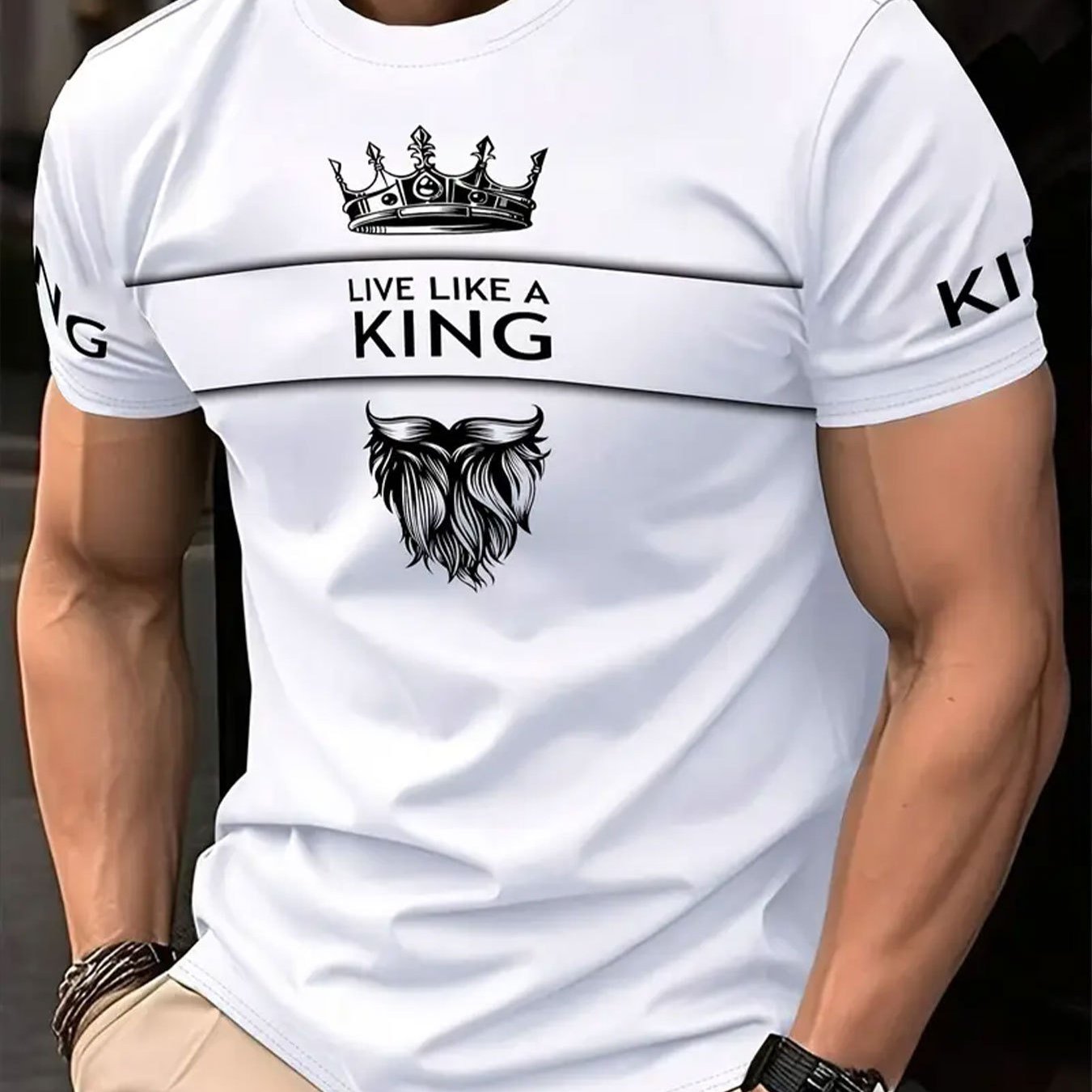 Men's Casual Short Sleeve T-Shirt - Full-Body Print "LIVE LIKE A KING" Crown & Wolf Graphic, Breathable Summer Fabric, Round Neck Regular Fit Tee for Casual Attire, Comfortable Fit