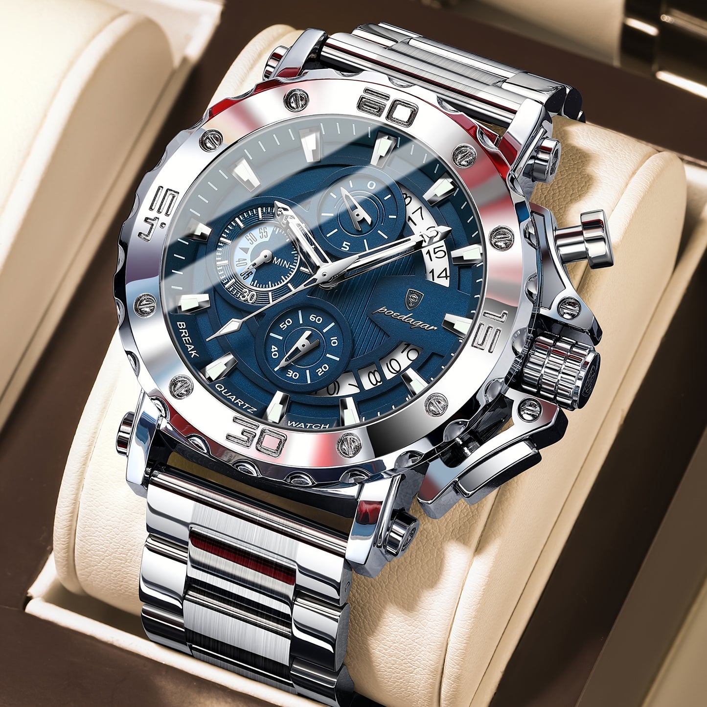 POEDAGAR Men'S Luxury Stainless Steel Business Watch with Date Display, 3ATM Blue Dial, Rotating Bezel, Alloy Case, Quartz Movement - Elegant Formal Accessory, Formal Accessory|Luxurious Watch|Quartz Movement Watch