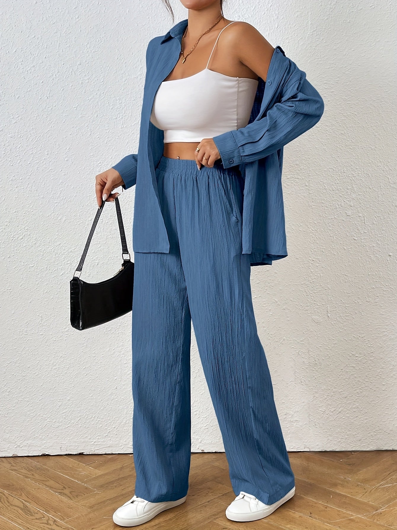 2pcs Women Spring & Autumn Casual Solid Color Long Sleeve Shirt And Pants Set