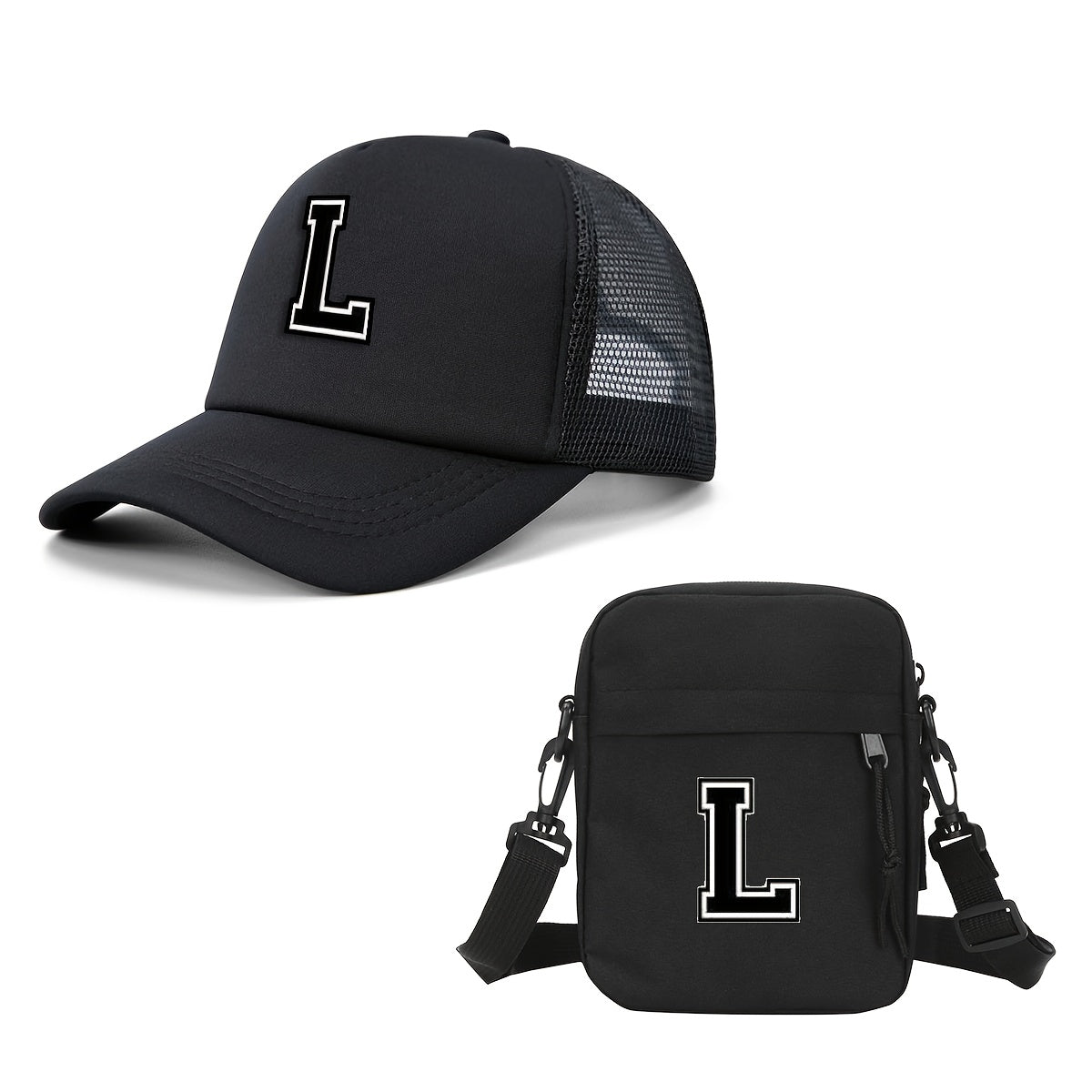 2pcs Men'S And Women'S 26-Letter Printed Trucker Hat & Bag Set, Mesh Breathable Versatile Casual Sun Hat, Suitable for Holiday Vacation, Mountain Climbing, Camping, Outdoor Street And Other Scenes, Suitable As a Birthday, Hol