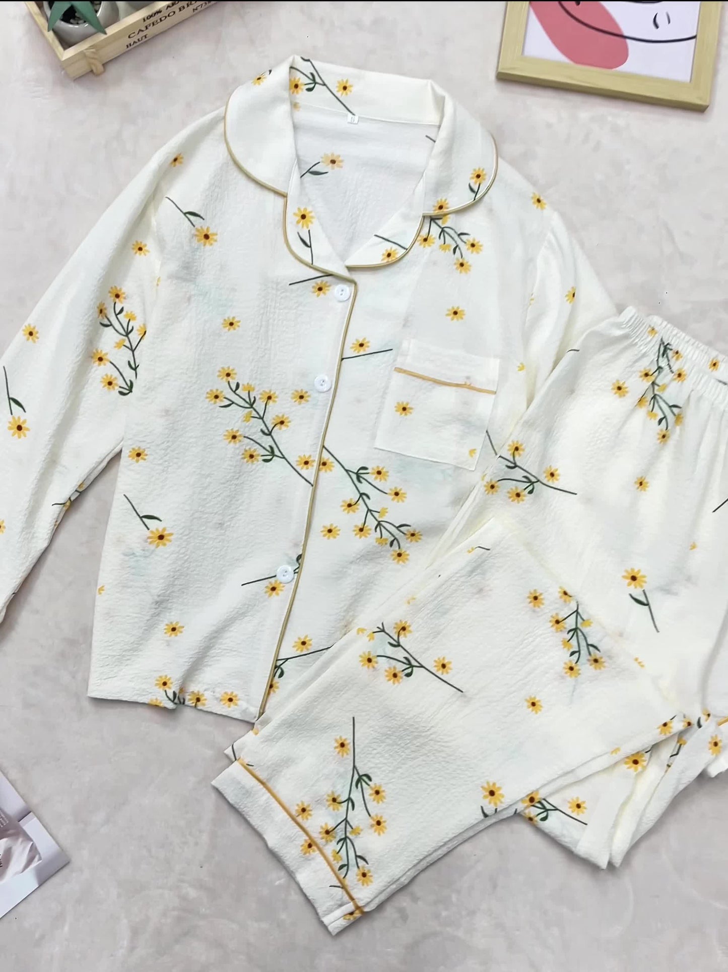 Sweet Floral Print Textured Pajama Set For Fall & Winter, Long Sleeve Button Up Lapel Collar Top & Elastic Pants, Women's Sleepwear & Loungewear