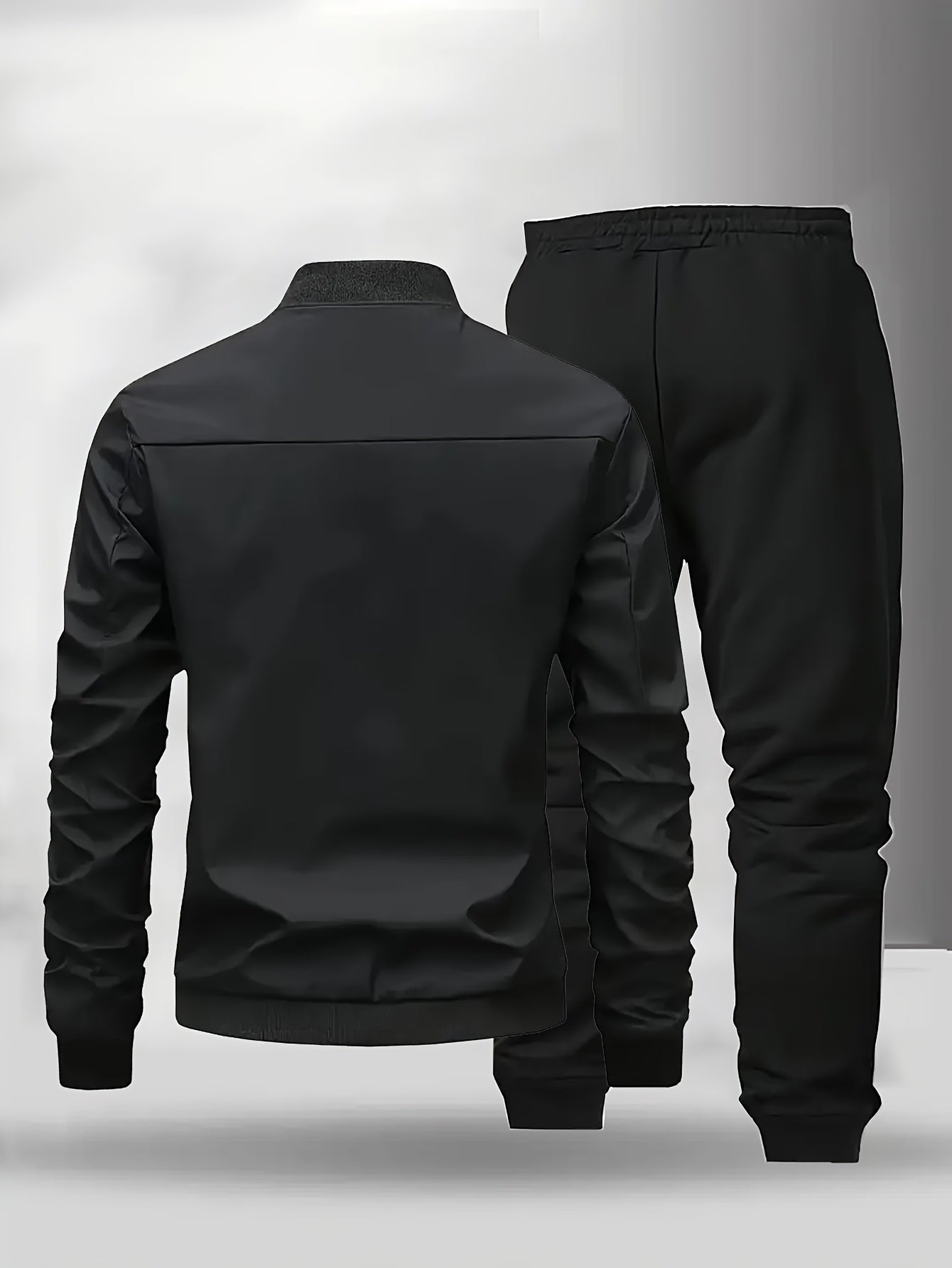 Men'S Casual Two-Piece Athletic Set - Black Baseball Collar Jacket with Zipper, Elastic Waistband Pants, Regular Fit for Spring/Fall, Spring Outerwear | Sporty Casualwear | Zippered Jacket